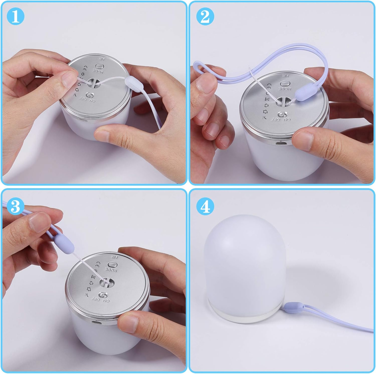 Eine weiße Lampe wird in verschiedenen Stadien gezeigt. Hände interagieren mit einem hellblauen Riemen und dem Lampenkörper. Die Lampe ist eingeschaltet.