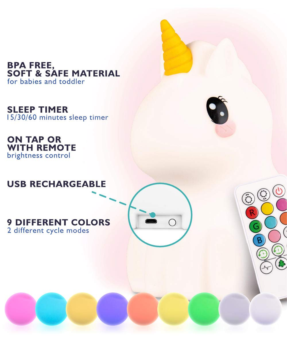 Ein weißes Einhorn-Nachtlicht mit gelbem Horn und Fernbedienung. Es hat bunte Lichtoptionen und ist USB-aufladbar.