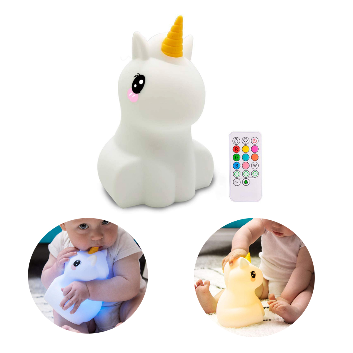 Ein weißes Einhorn-Nachtlicht mit gelbem Horn. Eine Fernbedienung ist in der Nähe, und Babys werden mit dem Licht gezeigt.