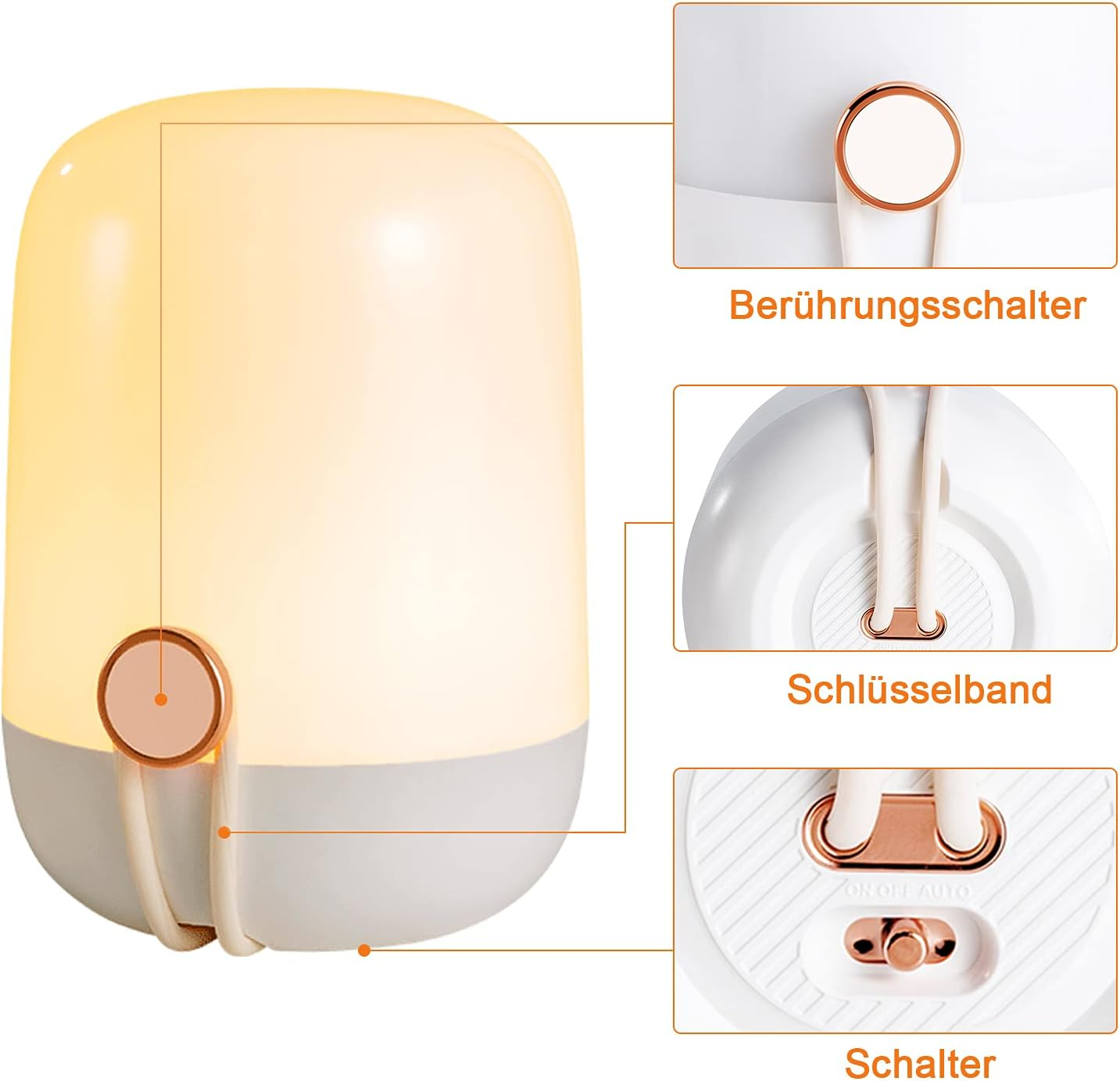 Eine weiße und gelbe Lampe mit roségoldfarbenen Akzenten. Sie hat einen Berührungsschalter, einen Schlüsselring und einen Ein-/Ausschalter.