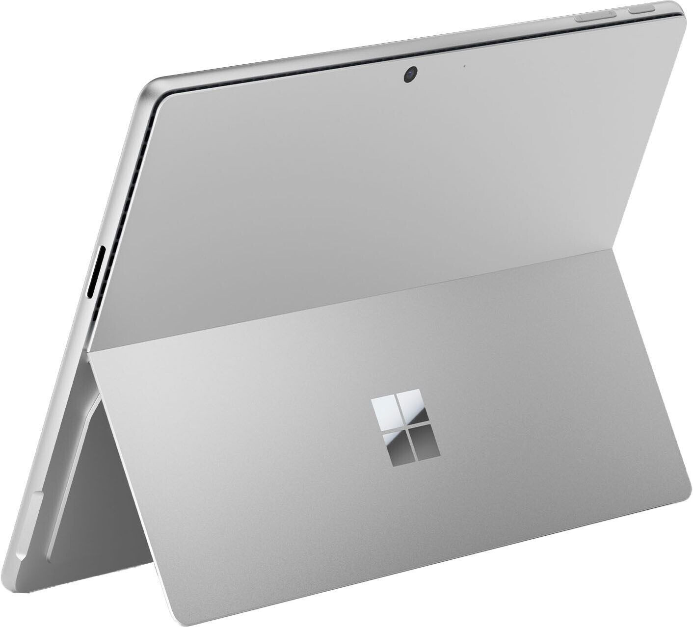 Ein silbernes Tablet mit einem angebrachten Ständer. Der Ständer zeigt das Windows-Logo. Das Tablet hat eine Kamera und ist leicht geöffnet.