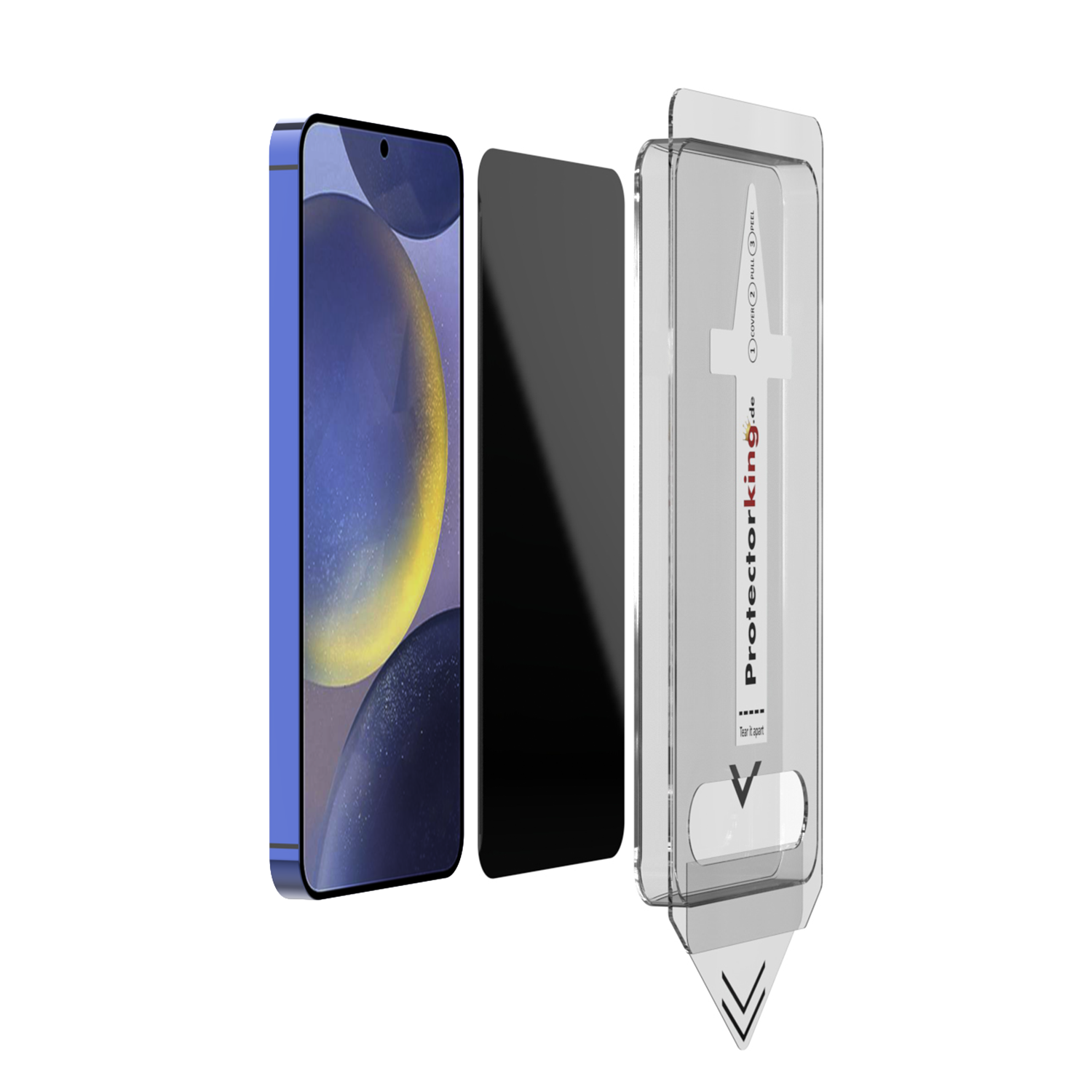 Ein Smartphone, eine schwarze Displayschutzfolie und eine transparente Kunststoffverpackung mit Anweisungen werden auf weißem Hintergrund angezeigt.