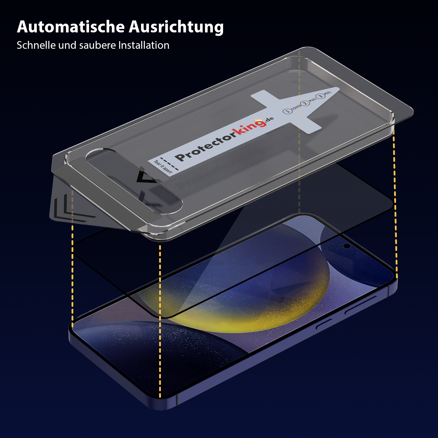 Ein Displayschutz-Kit für ein Telefon. Unten ein Telefon, oben ein transparentes Ausrichtungswerkzeug mit Anweisungen und Markenlogo.