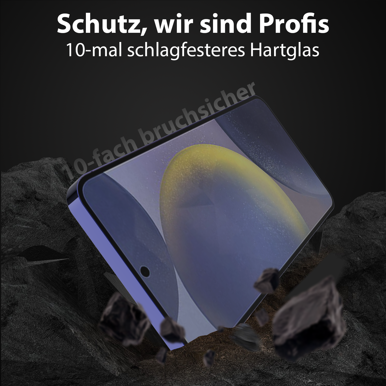 Ein Displayschutz, mit Text, scheint zwischen Felsen zu fallen. Der Schutz ist blau mit gelber Mitte.