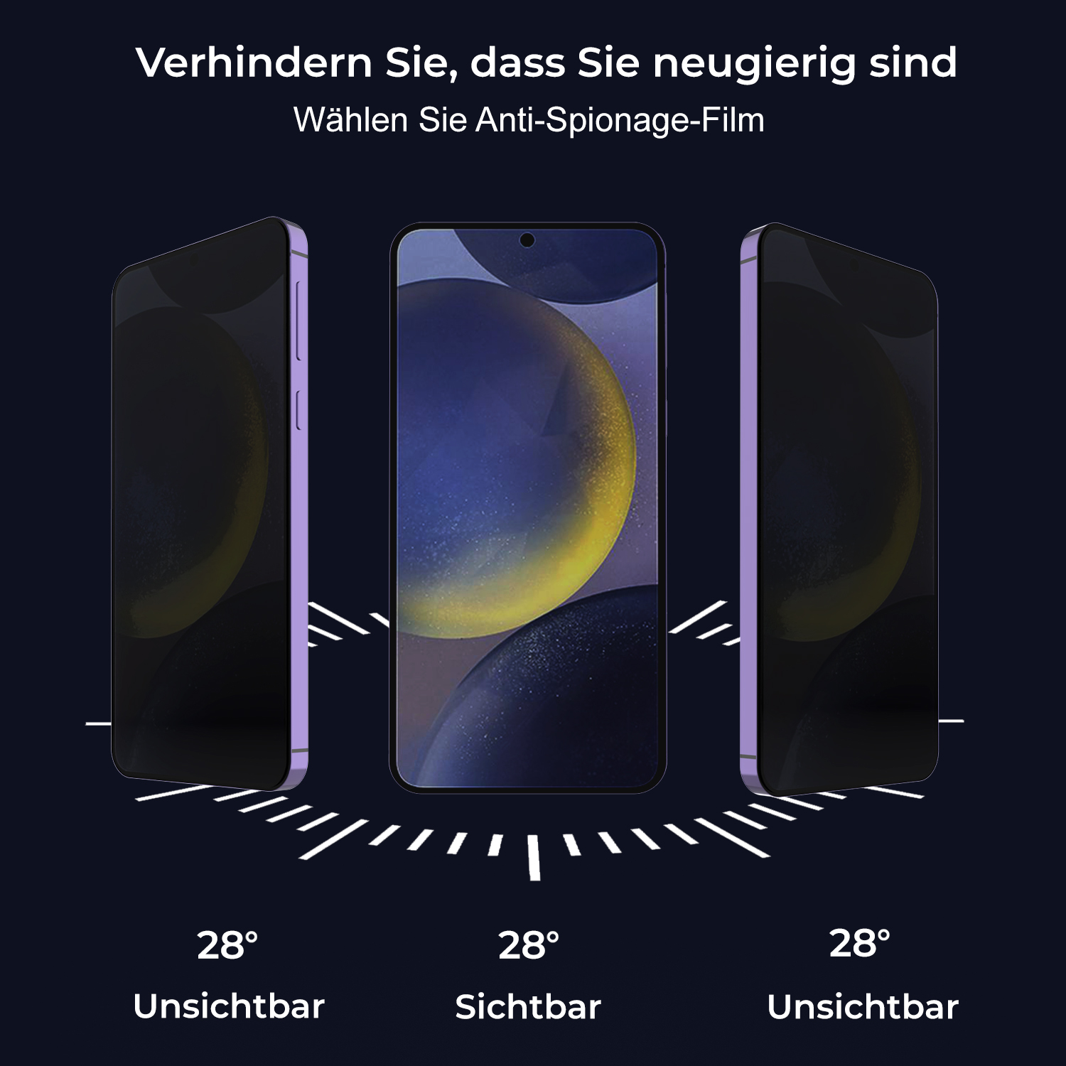 Drei Telefone mit lila Rahmen. Das mittlere ist sichtbar, die anderen beiden sind dunkel. Text: 'Anti-Spionage-Film'.
