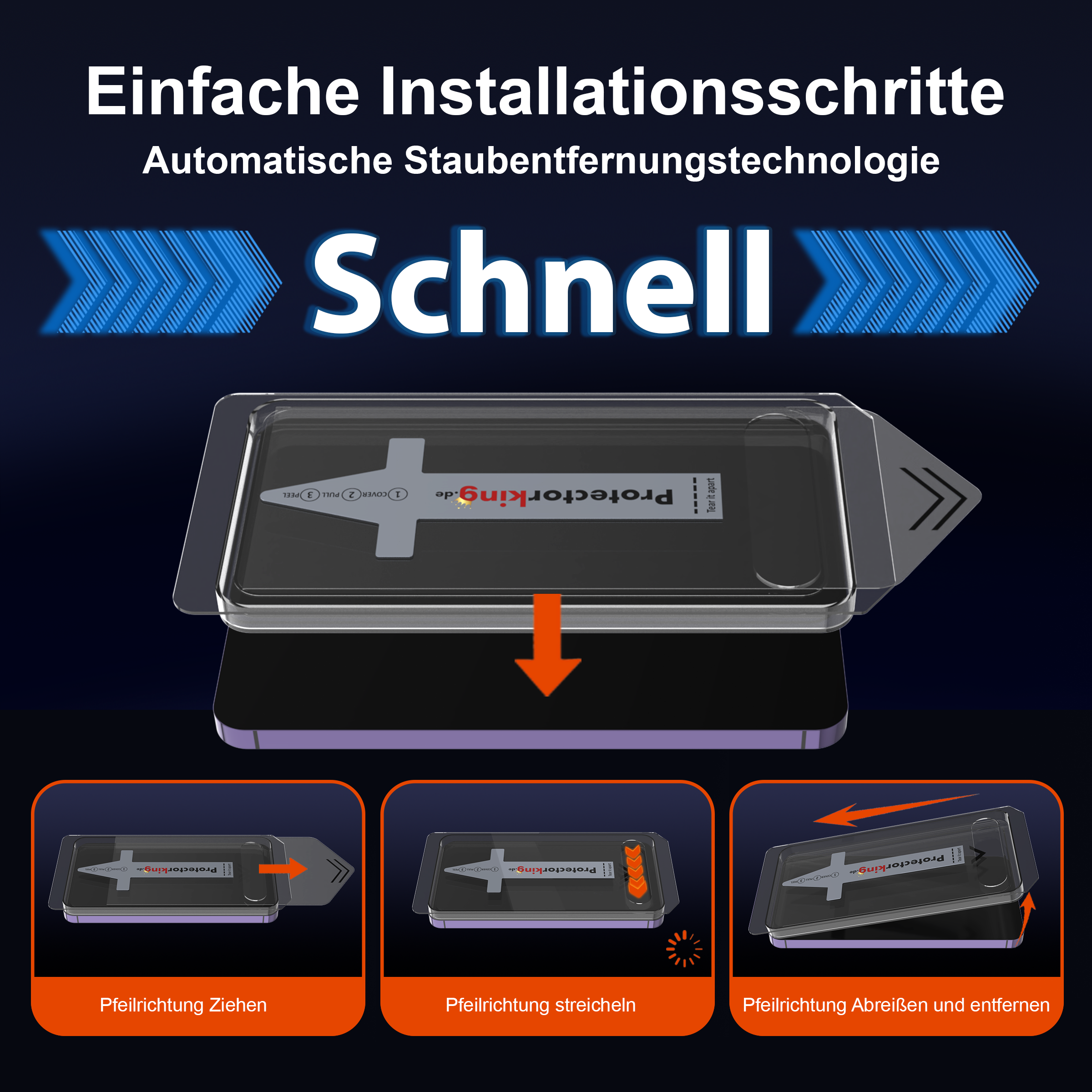 Das Bild zeigt Installationsschritte für eine Displayschutzfolie. Anweisungen umfassen Ziehen, Glätten und Entfernen der Folie.