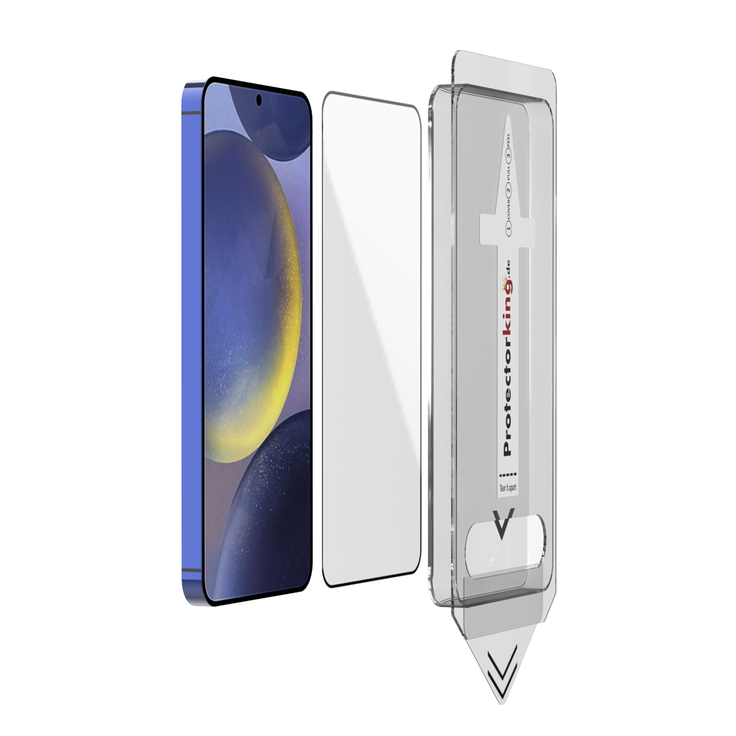 Ein Telefon, eine Displayschutzfolie und eine Verpackung. Das Telefon ist blau und hat ein unscharfes Bild. Der Schutz ist klar.