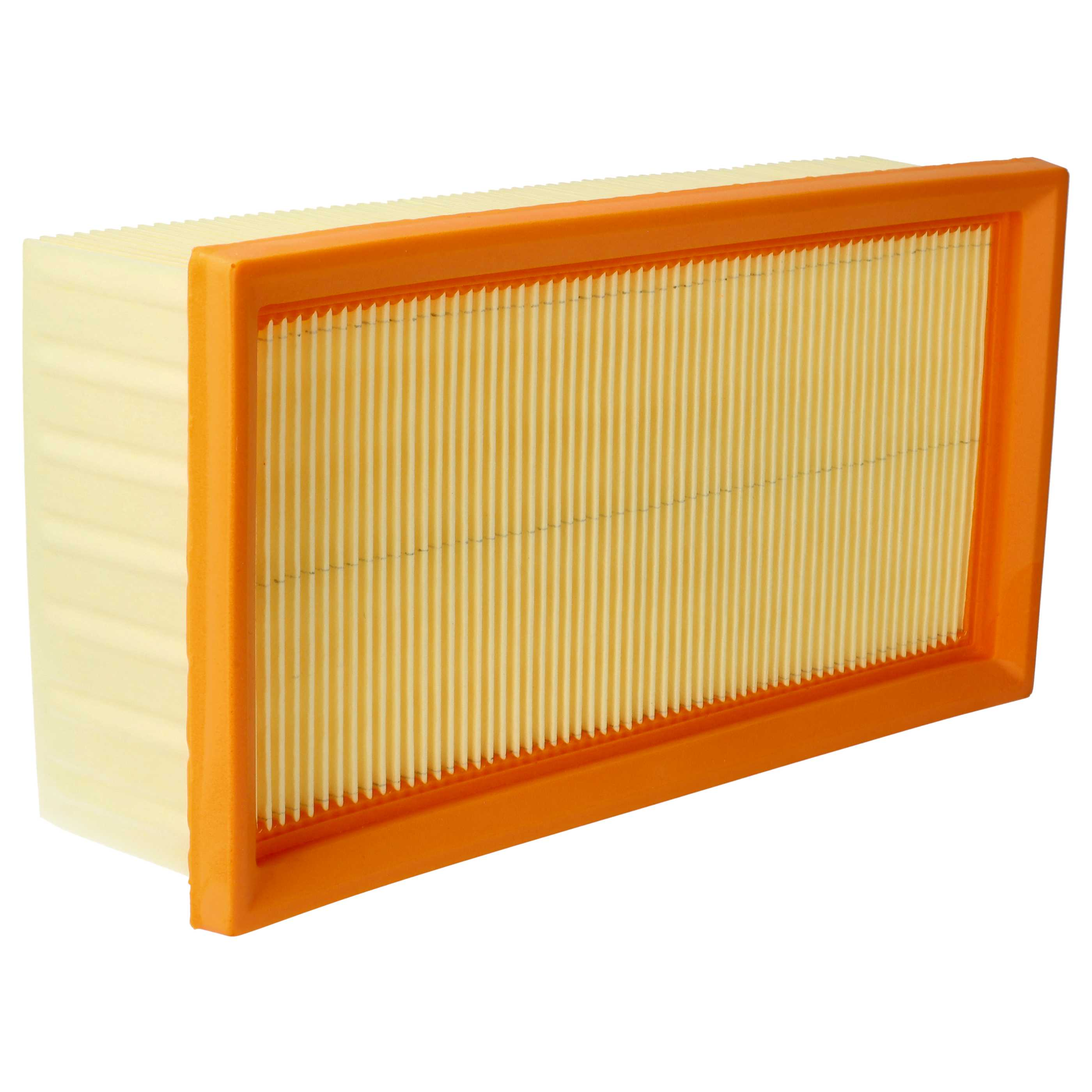 Ein Luftfilter mit gelbem, plissiertem Filtermaterial in einem orangefarbenen Rahmen.