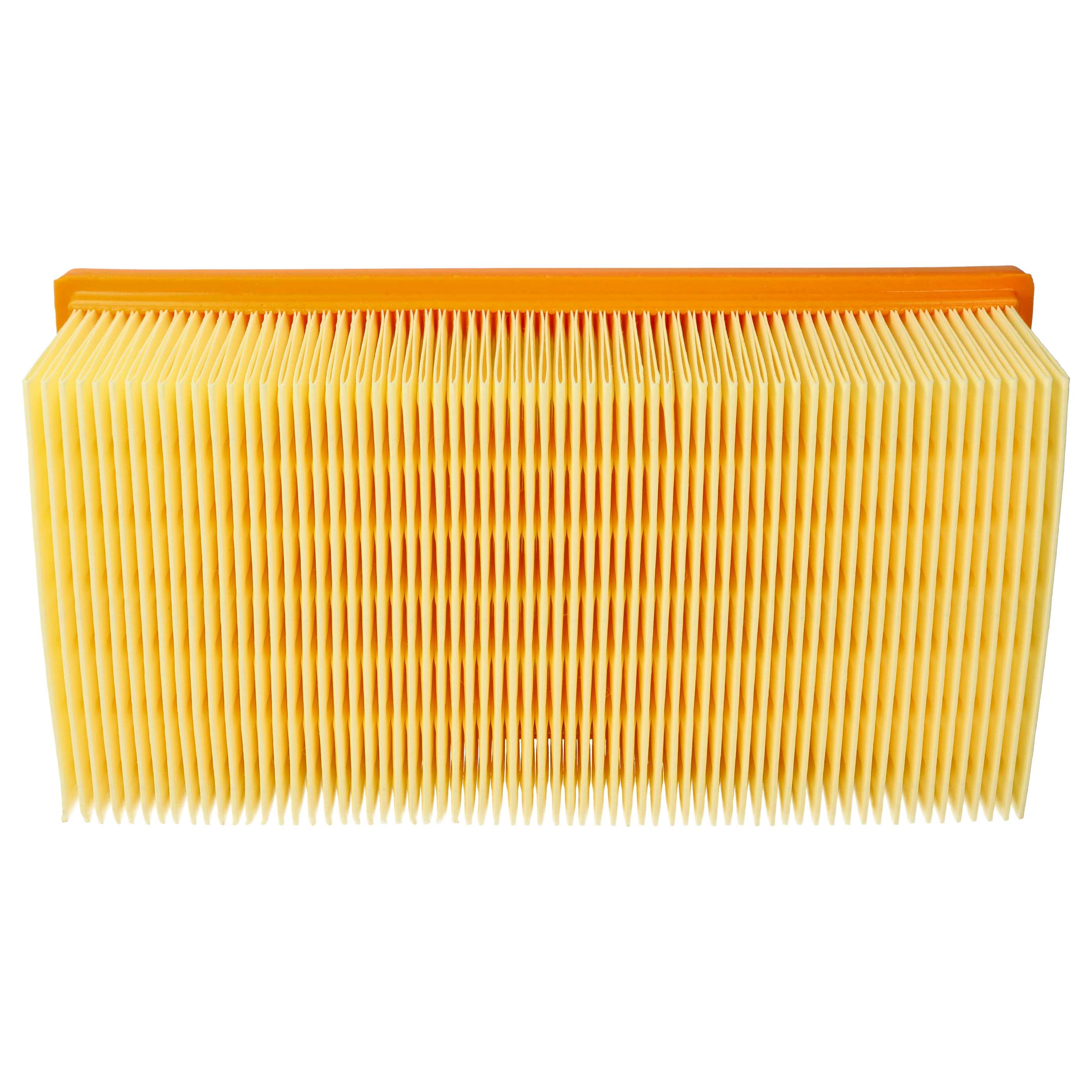 Ein Luftfilter mit ziehharmonikaartigem gelbem Filterpapier und einem orangefarbenen Rahmen, isoliert auf Weiß.