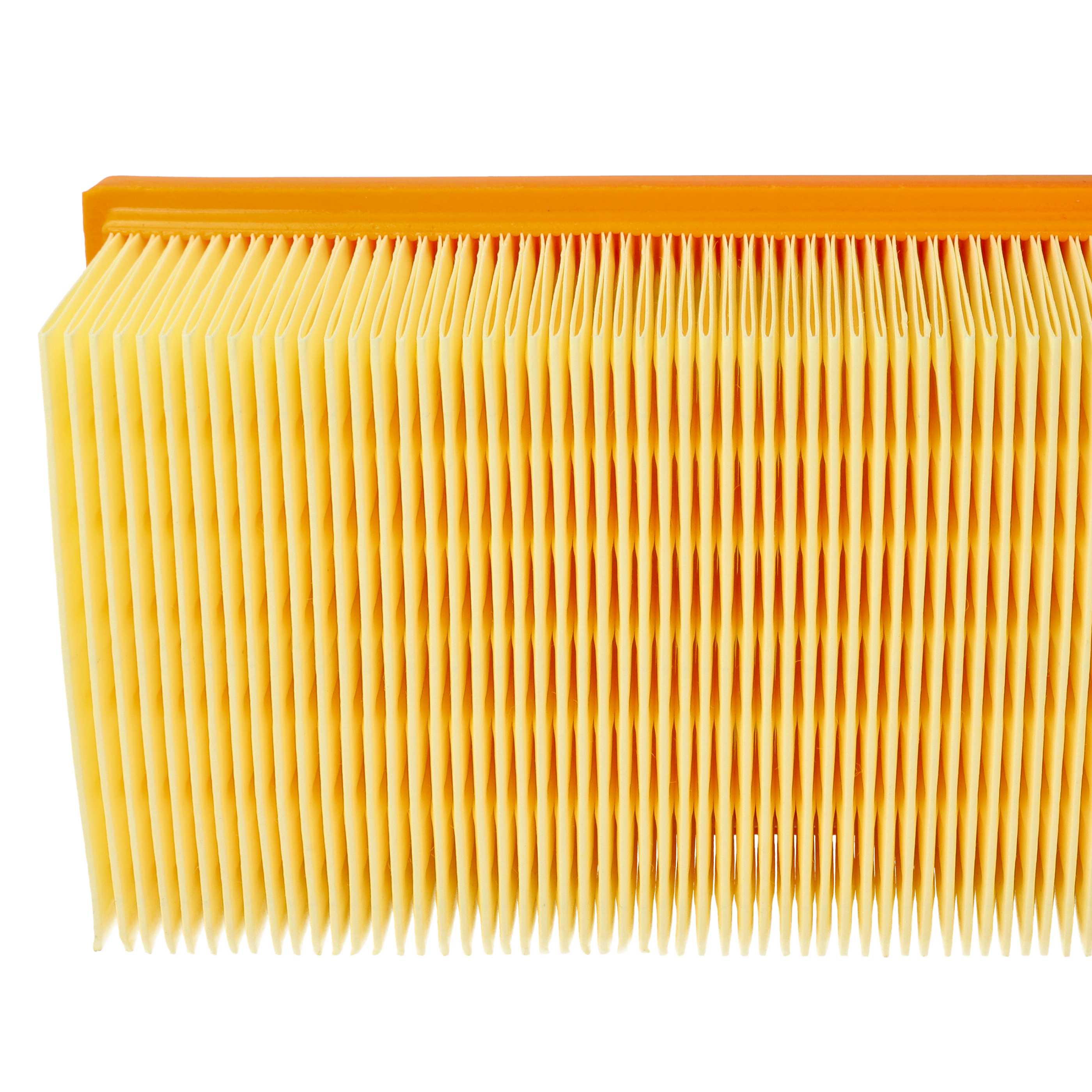 Nahaufnahme eines Luftfilters mit ziehharmonikaartigem gelbem Filtermaterial. Die Oberkante ist orange.