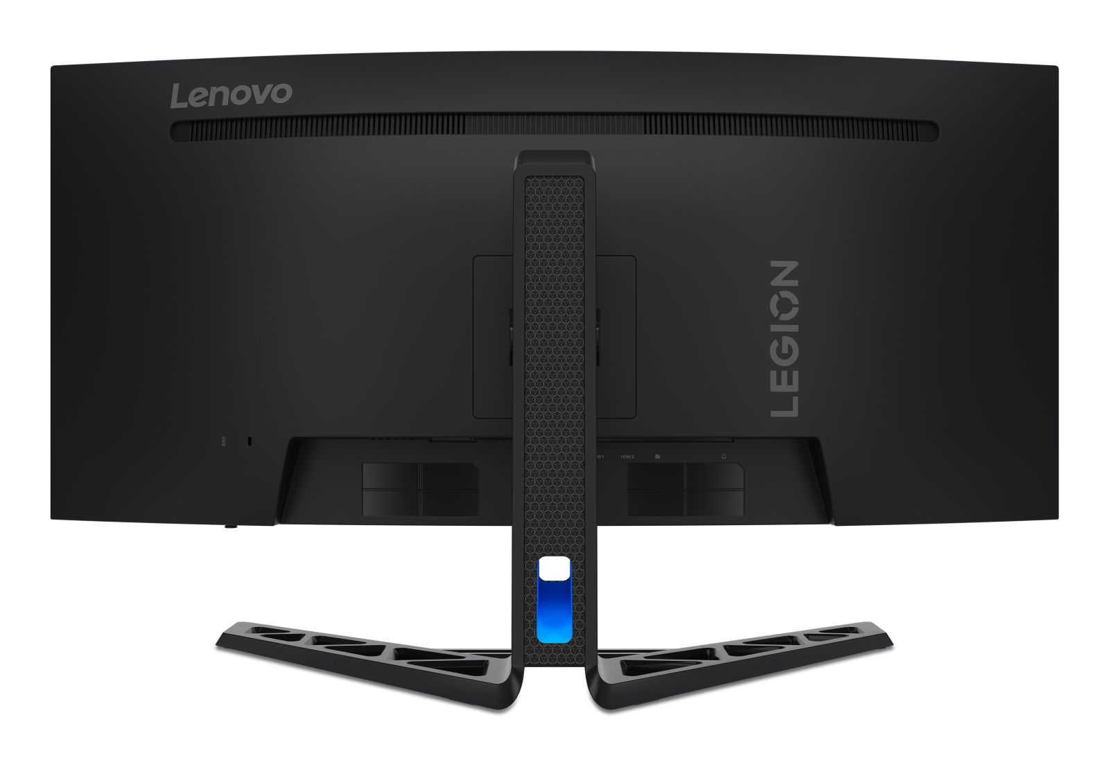 Czarny monitor Lenovo Legion, widok z tyłu. Zawiera markę, logo Legion, porty i stylową podstawkę z niebieskim światłem.