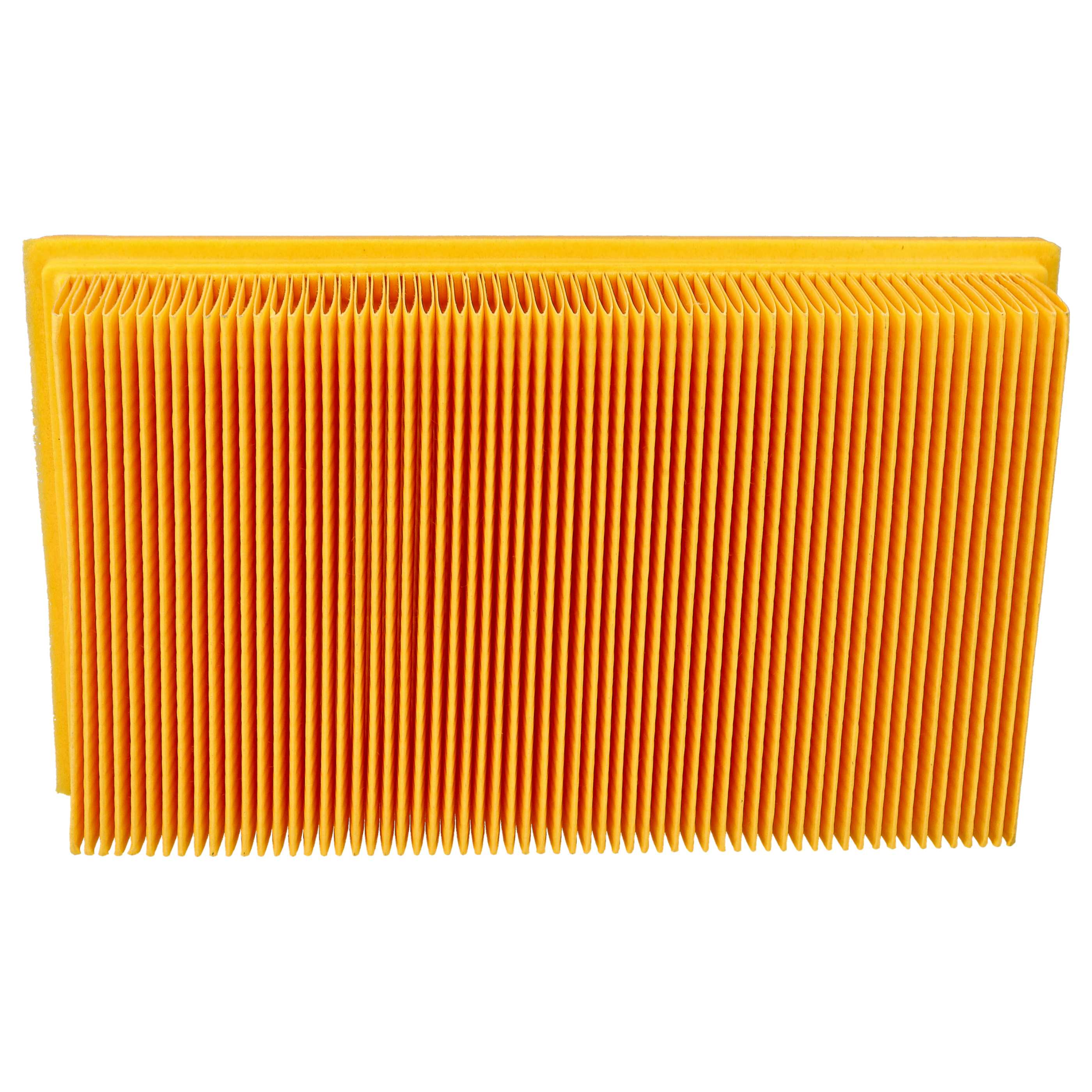 Ein Luftfilter mit vielen vertikalen, orangefarbenen Falten. Der Filter ist rechteckig und vor weißem Hintergrund platziert.