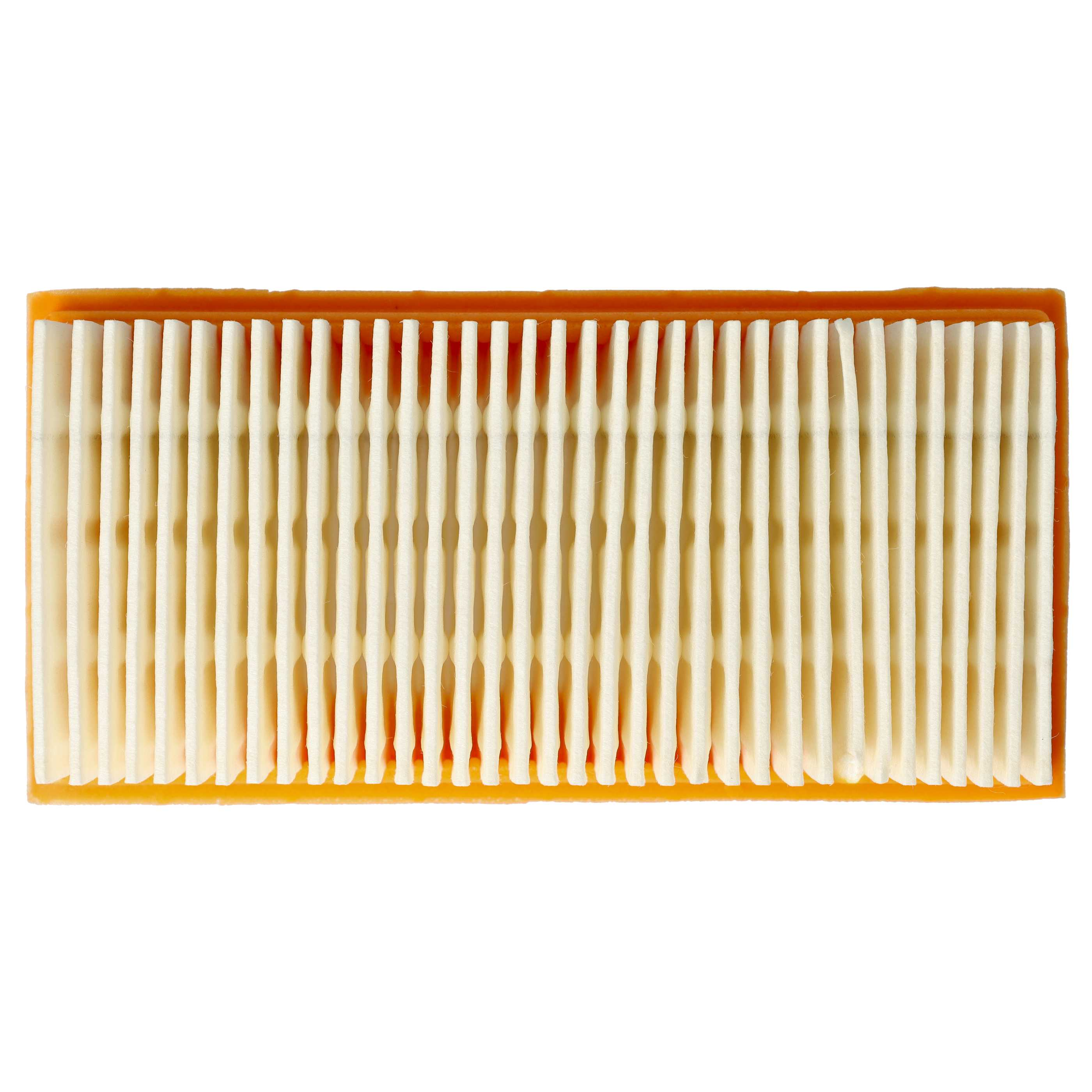 Ein Luftfilter mit weißem, plissiertem Papier in einem orangefarbenen Rahmen vor weißem Hintergrund.