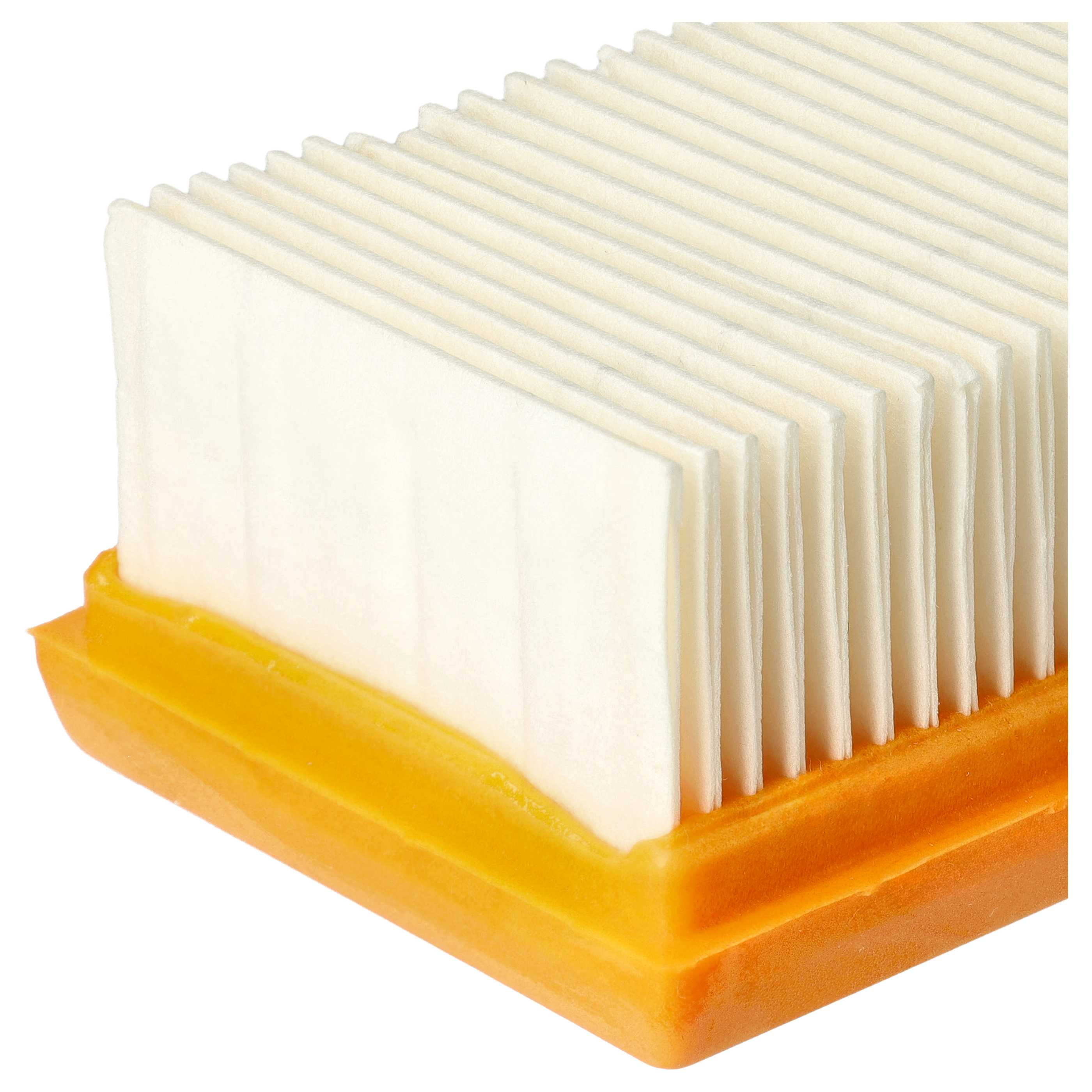 Nahaufnahme eines Luftfilters. Er hat viele weiße, geschichtete Filterblätter auf einem gelb-orangen Sockel.