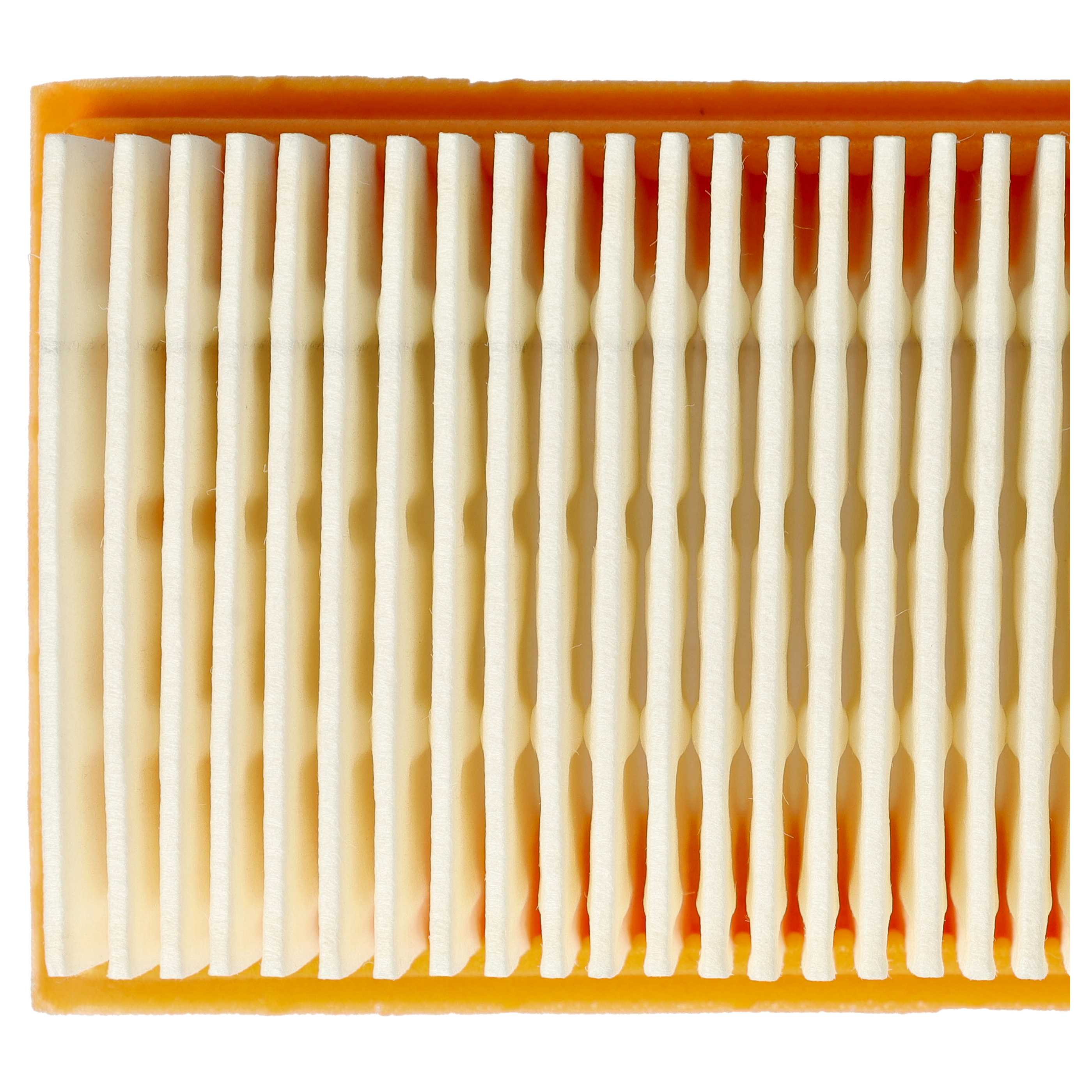 Nahaufnahme eines Luftfilters. Er hat viele vertikale, weiße, papierähnliche Falten in einem gelb-orangen Rahmen.