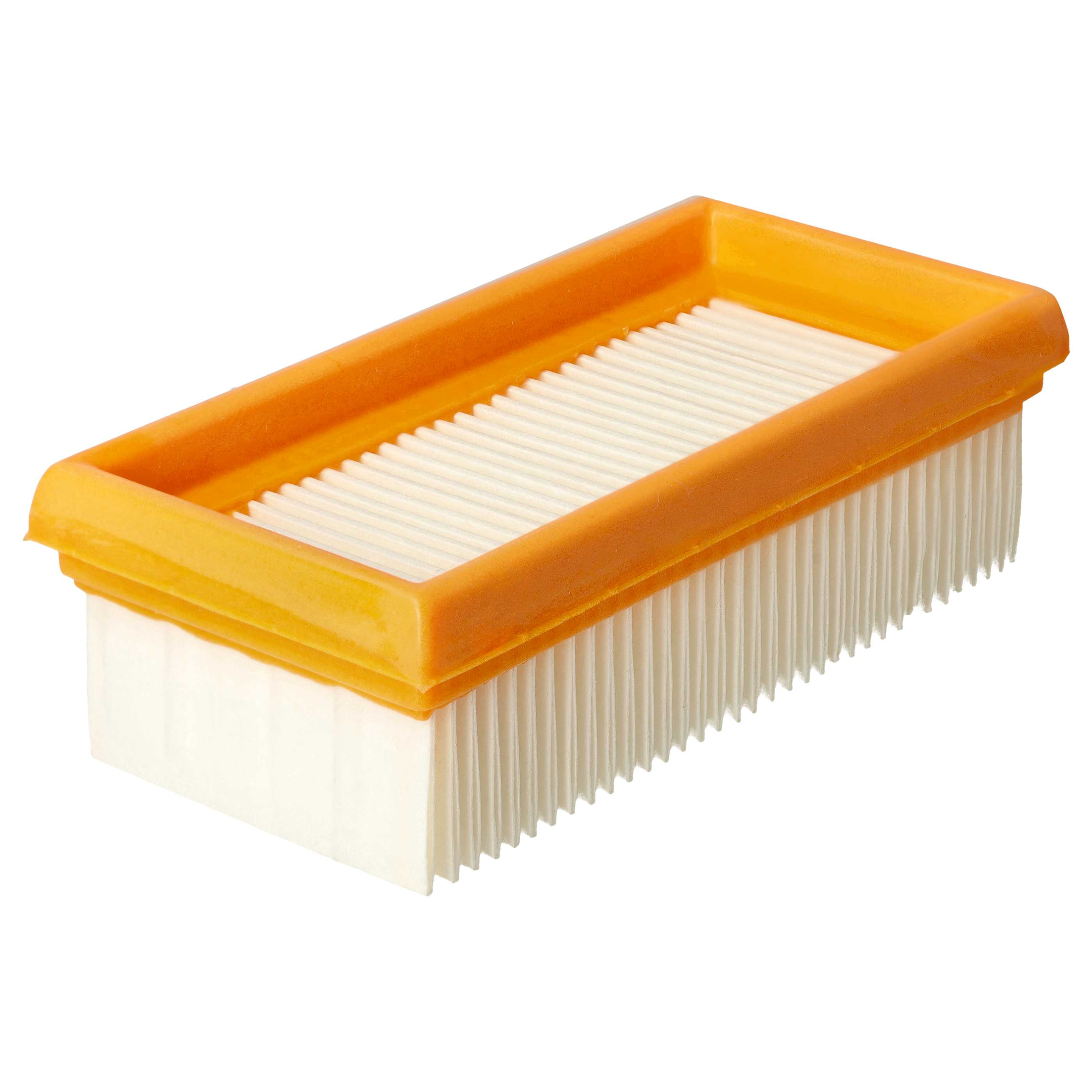 Rechteckiger Luftfilter mit orangefarbenem Rahmen und weißem Filtermaterial auf weißem Hintergrund.