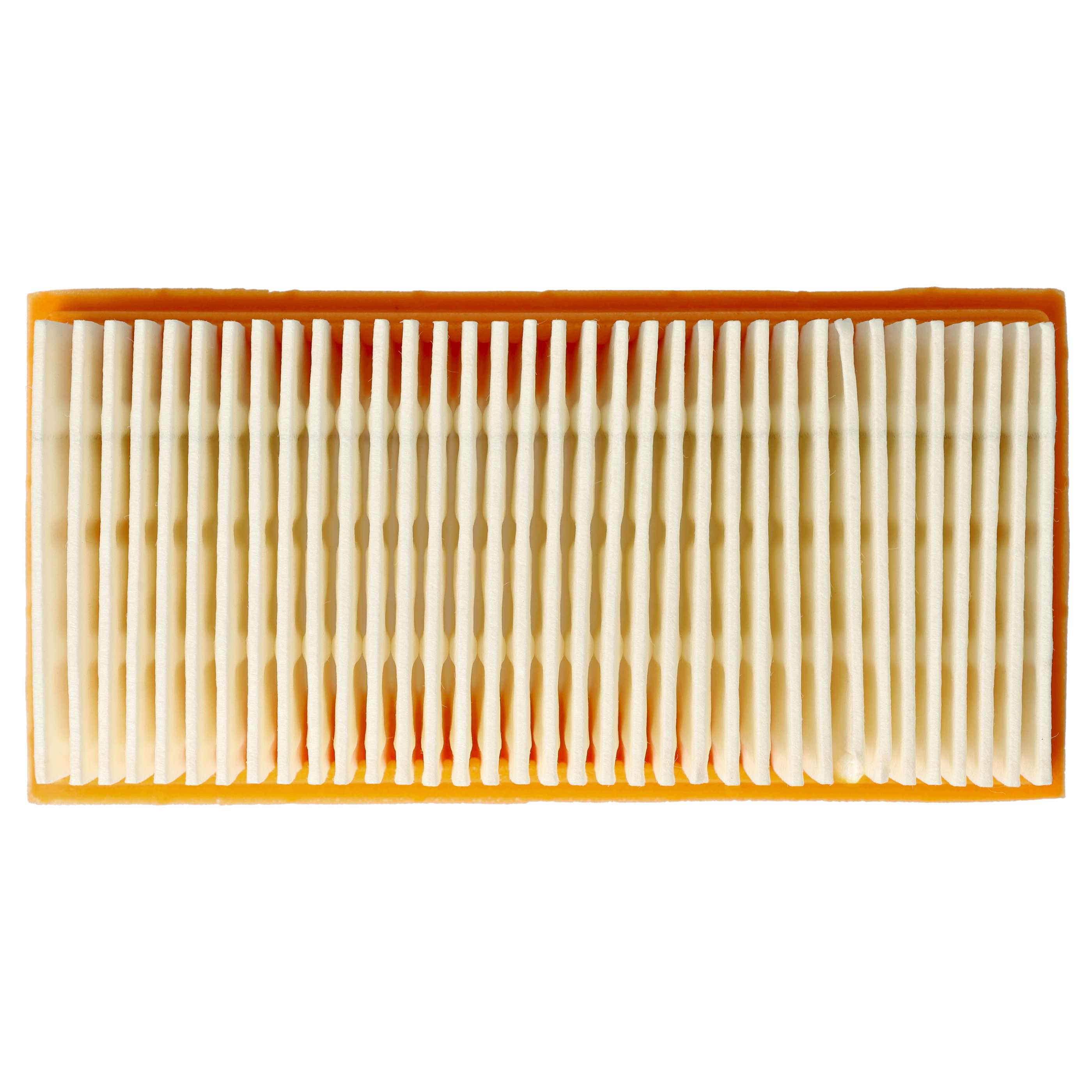 Rechteckiger Luftfilter mit parallelen, weißen Filterelementen in einem orangefarbenen Rahmen vor weißem Hintergrund.