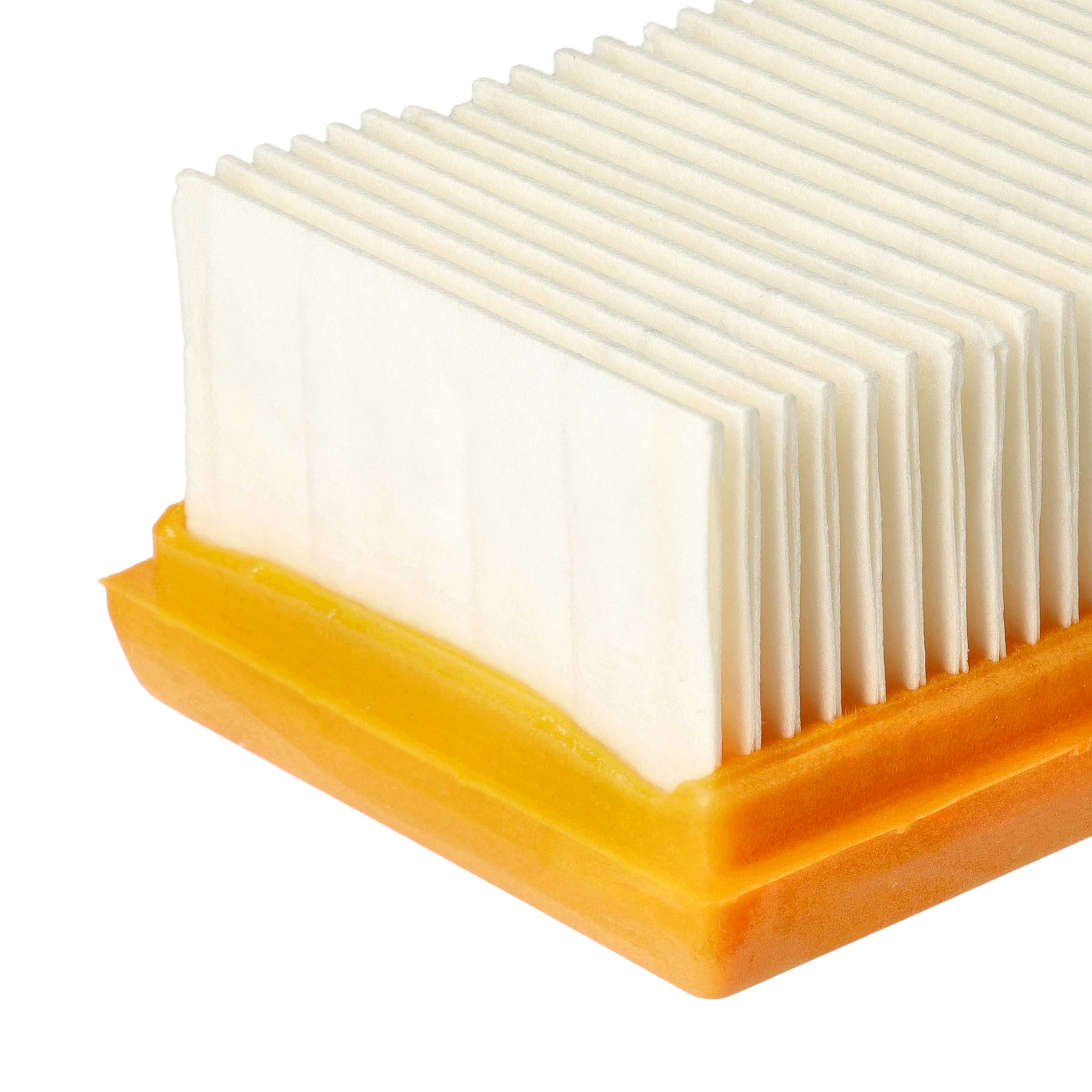 Nahaufnahme eines Luftfilters. Weißes, plissiertes Filtermedium sitzt auf einem orangefarbenen Rahmen. Weißer Hintergrund.