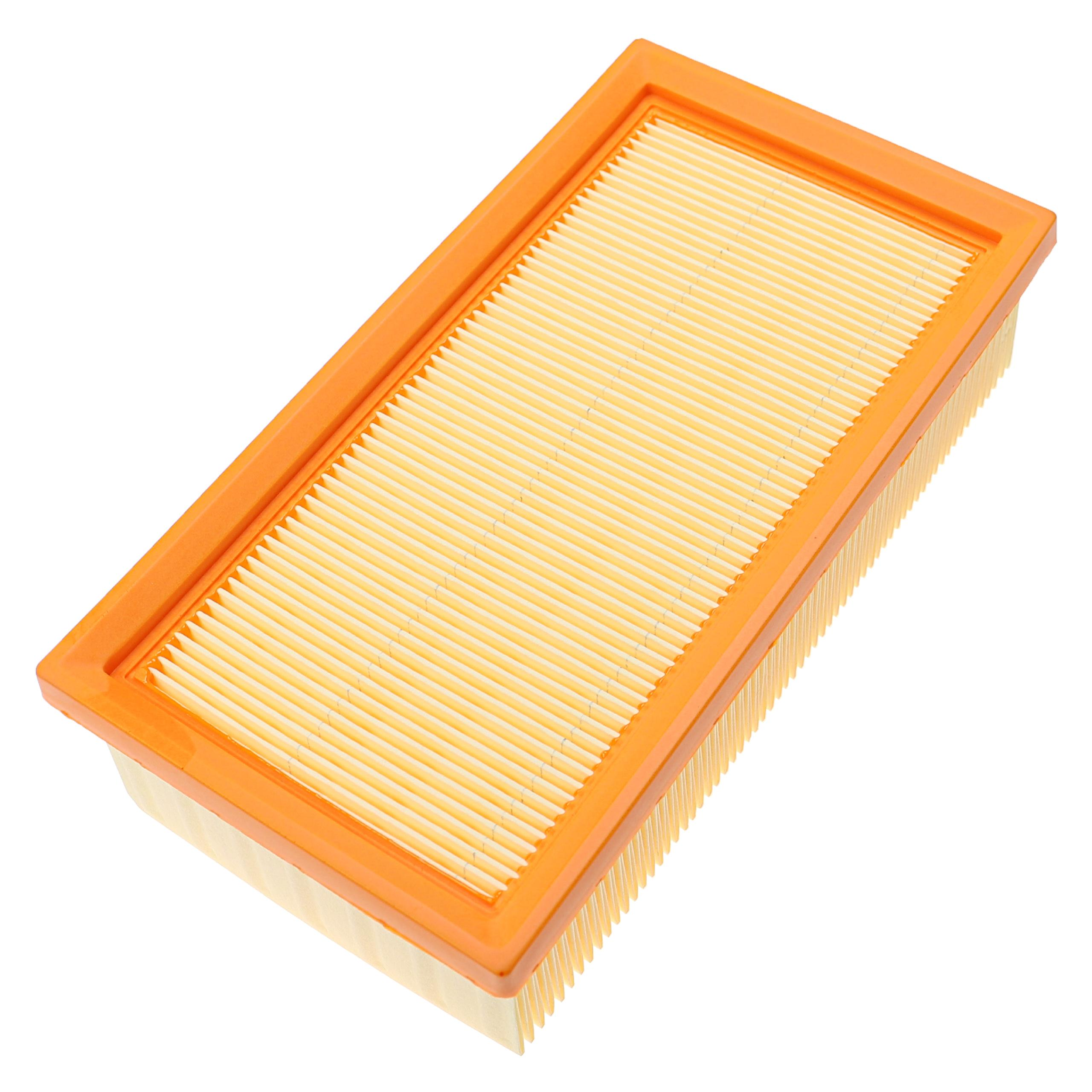 Rechteckiger Luftfilter mit orangefarbenem Rahmen und gelbem Innenraum. Es hat parallele Filterlinien.