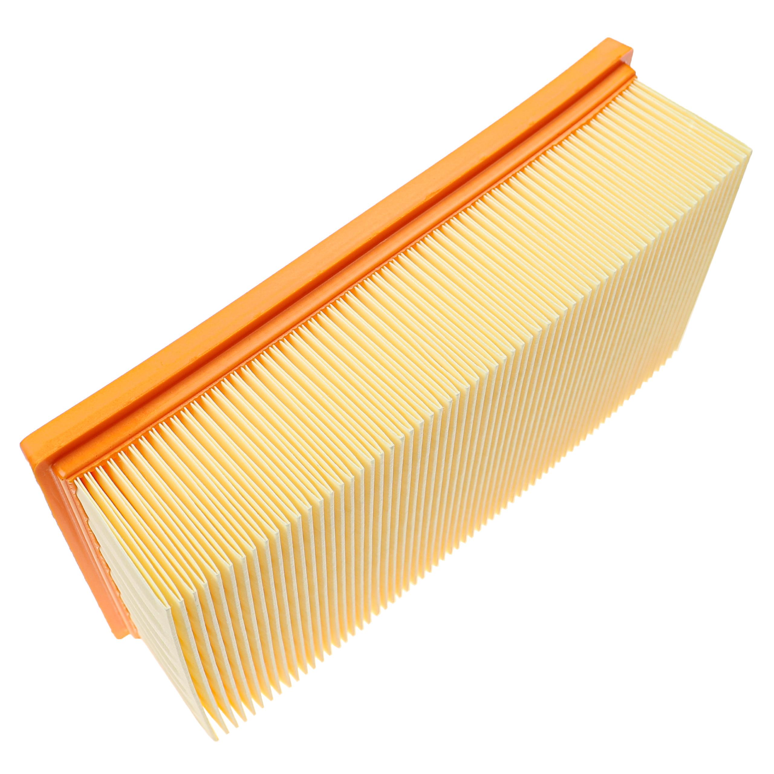 Ein Luftfilter mit gefaltetem, hellgelbem Papier und einem orangefarbenen Rahmen, vor weißem Hintergrund.