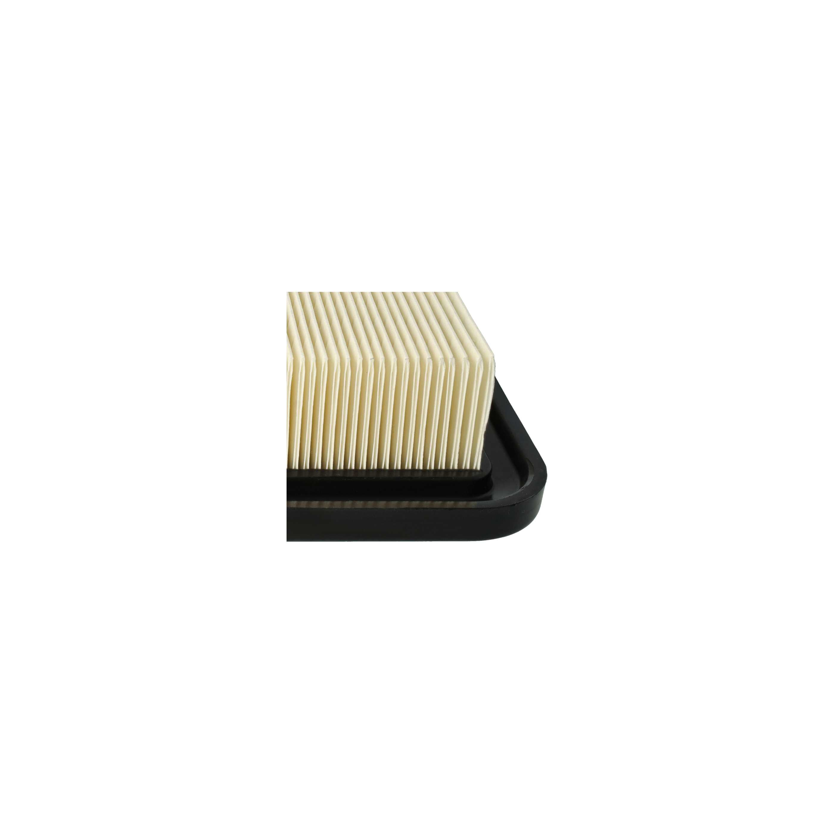 Ein Luftfilter mit beigem, plissiertem Material und einem schwarzen Rahmen auf weißem Hintergrund.
