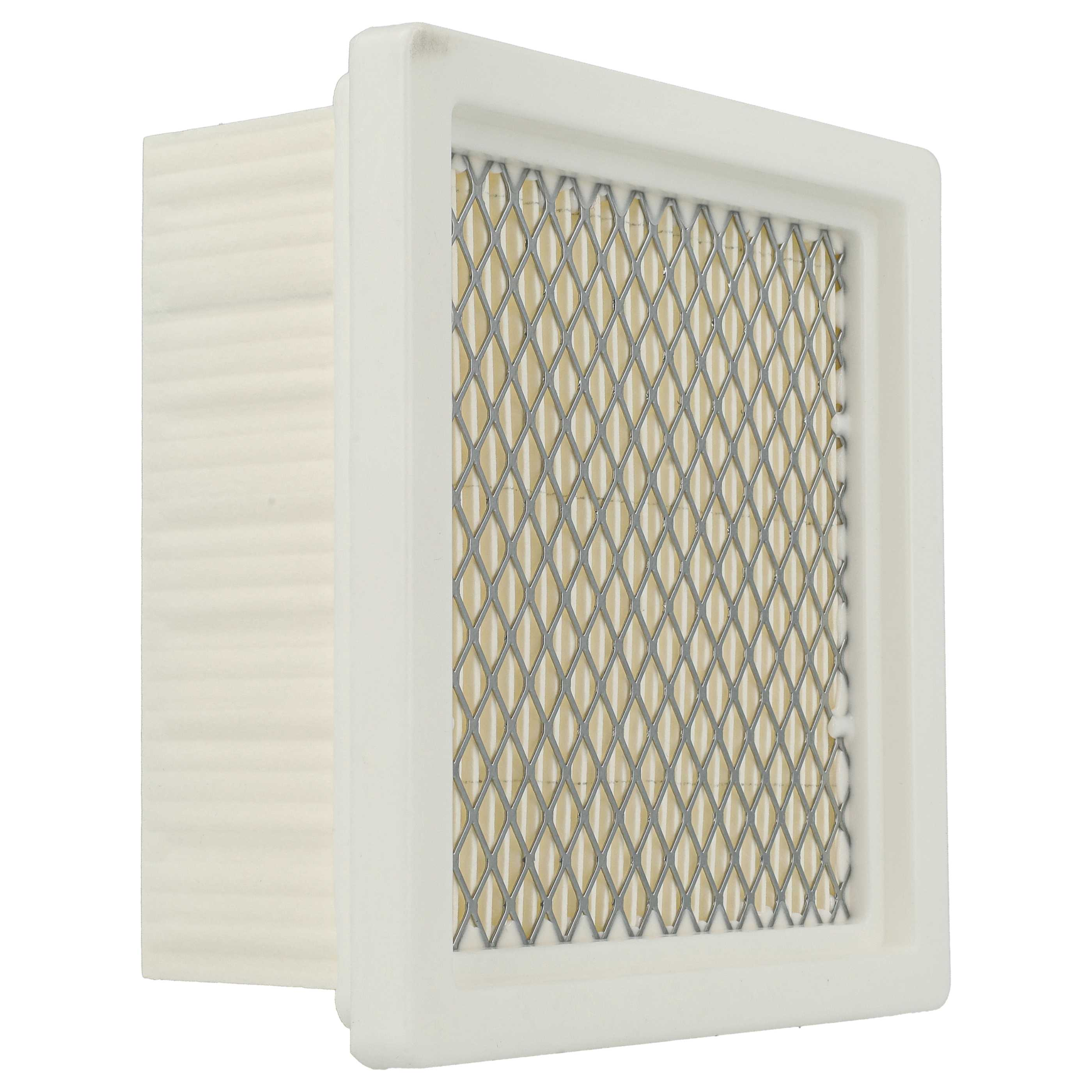 Ein Luftfilter. Weißer quadratischer Rahmen mit Metallgitter. Der Filter hat eine strukturierte, cremefarbene Seite.