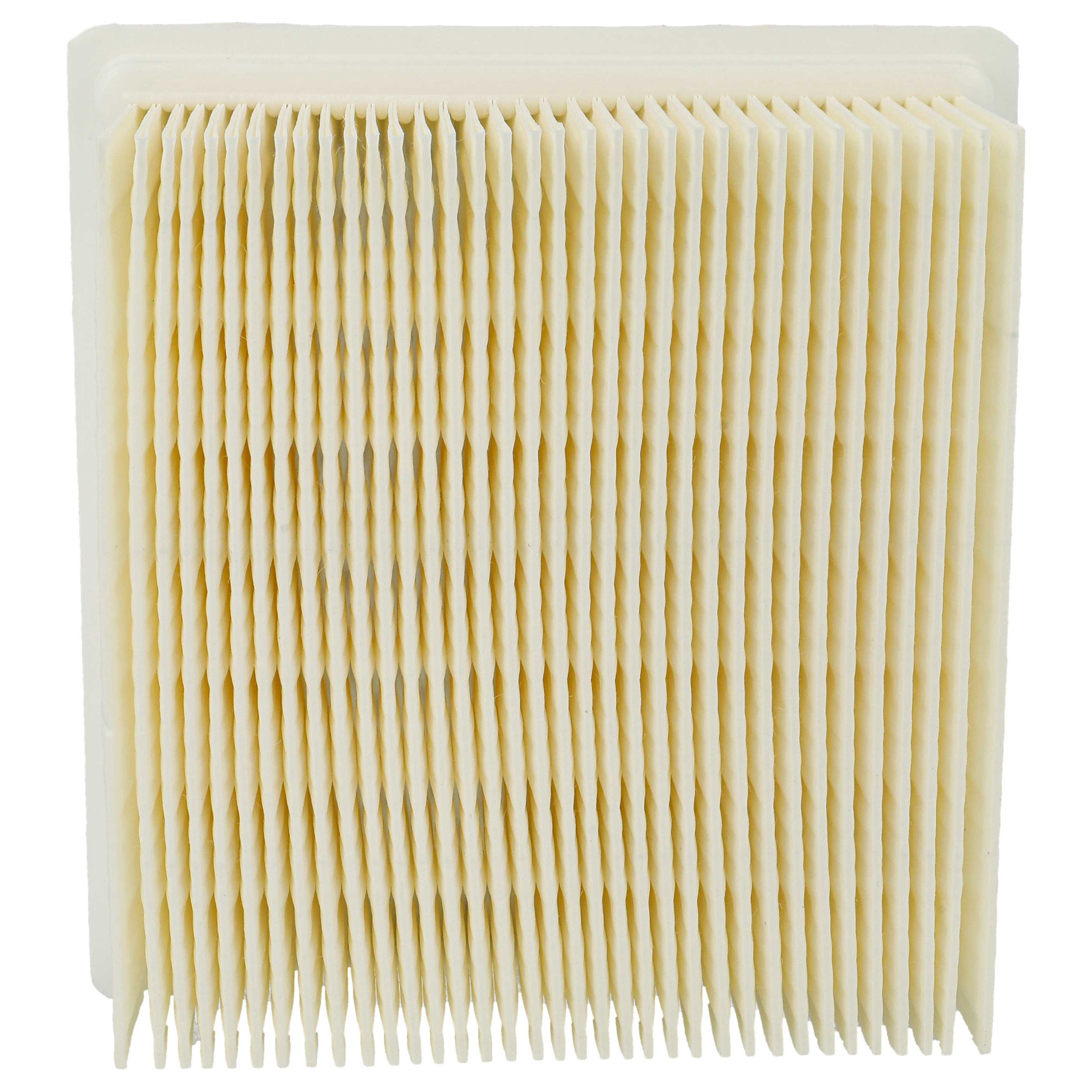 Ein Luftfilter mit gefaltetem, hellbeige Filterpapier. Der Filter ist rechteckig und neuwertig.