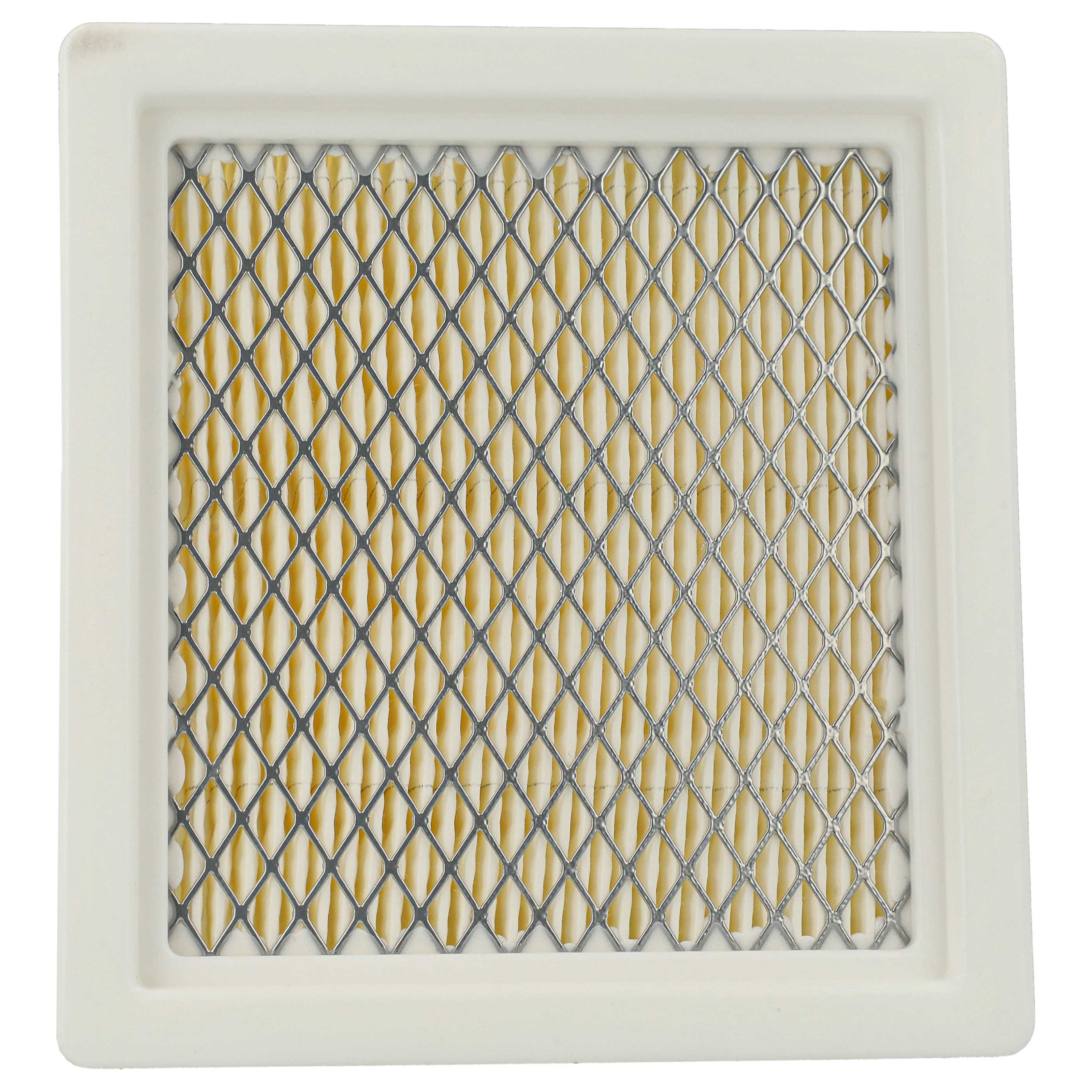 Ein Luftfilter, quadratische Form. Es hat einen weißen Kunststoffrahmen, ein Metallgitter und gelbes Filtermaterial.