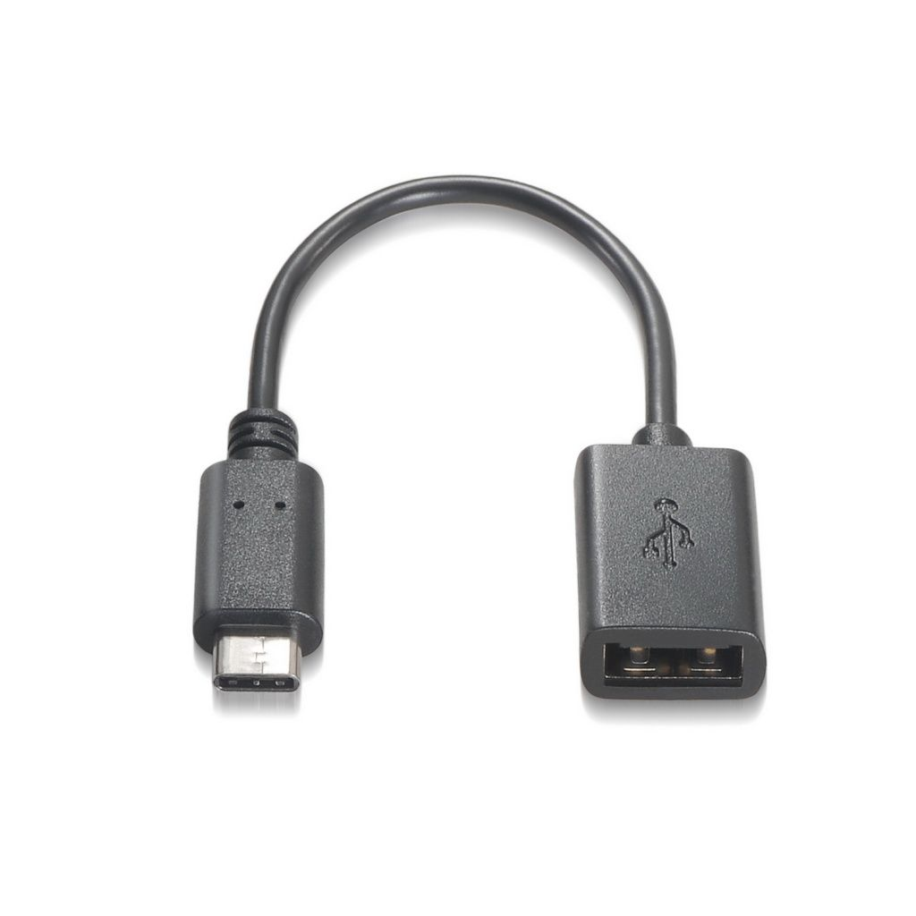 A black USB adapter cable, with a USB-C connector on one end and a USB-A port on the other, on a white background.