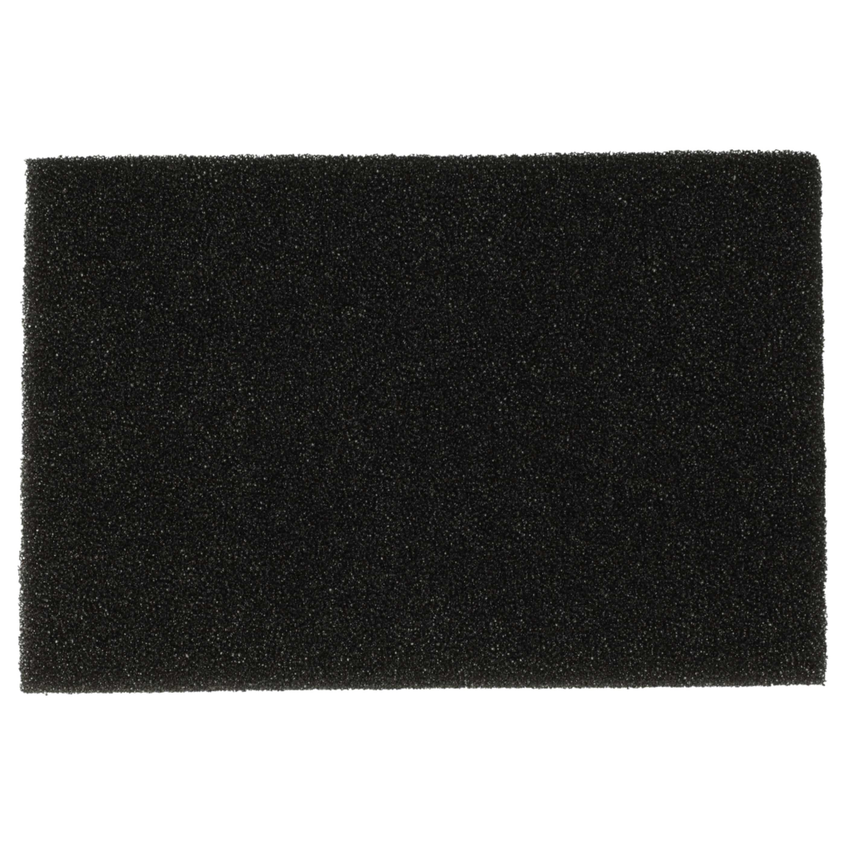 Ein rechteckiger schwarzer Schaumstofffilter auf weißem Hintergrund. Der Schaumstoff ist strukturiert.