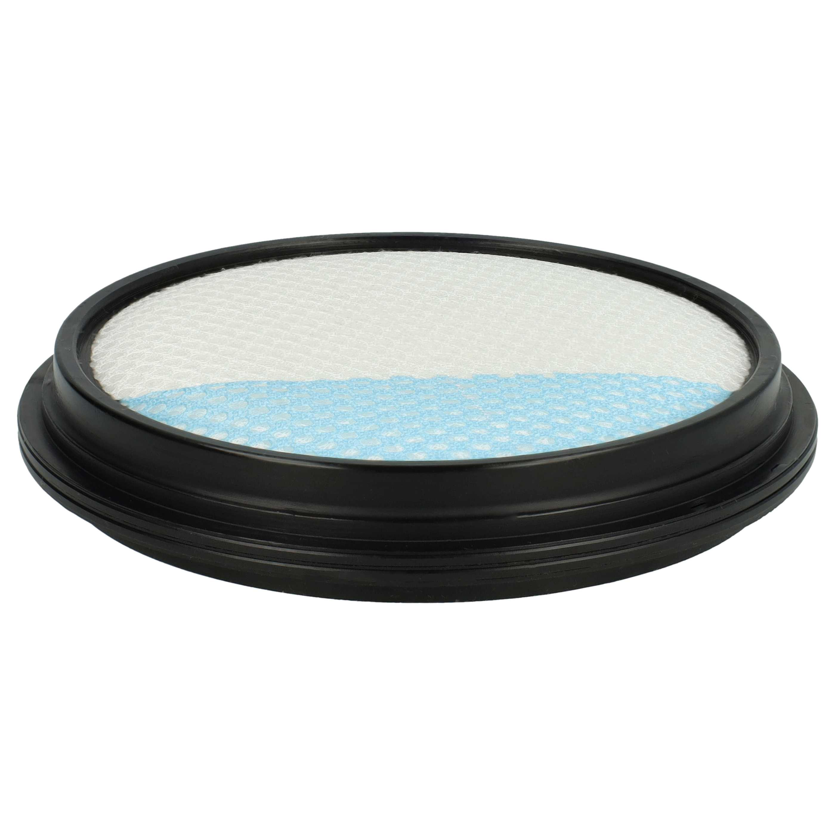 Ein runder Luftfilter mit schwarzem Rahmen. Der Filter hat ein weißes und blaues Netzdesign, isoliert auf Weiß.