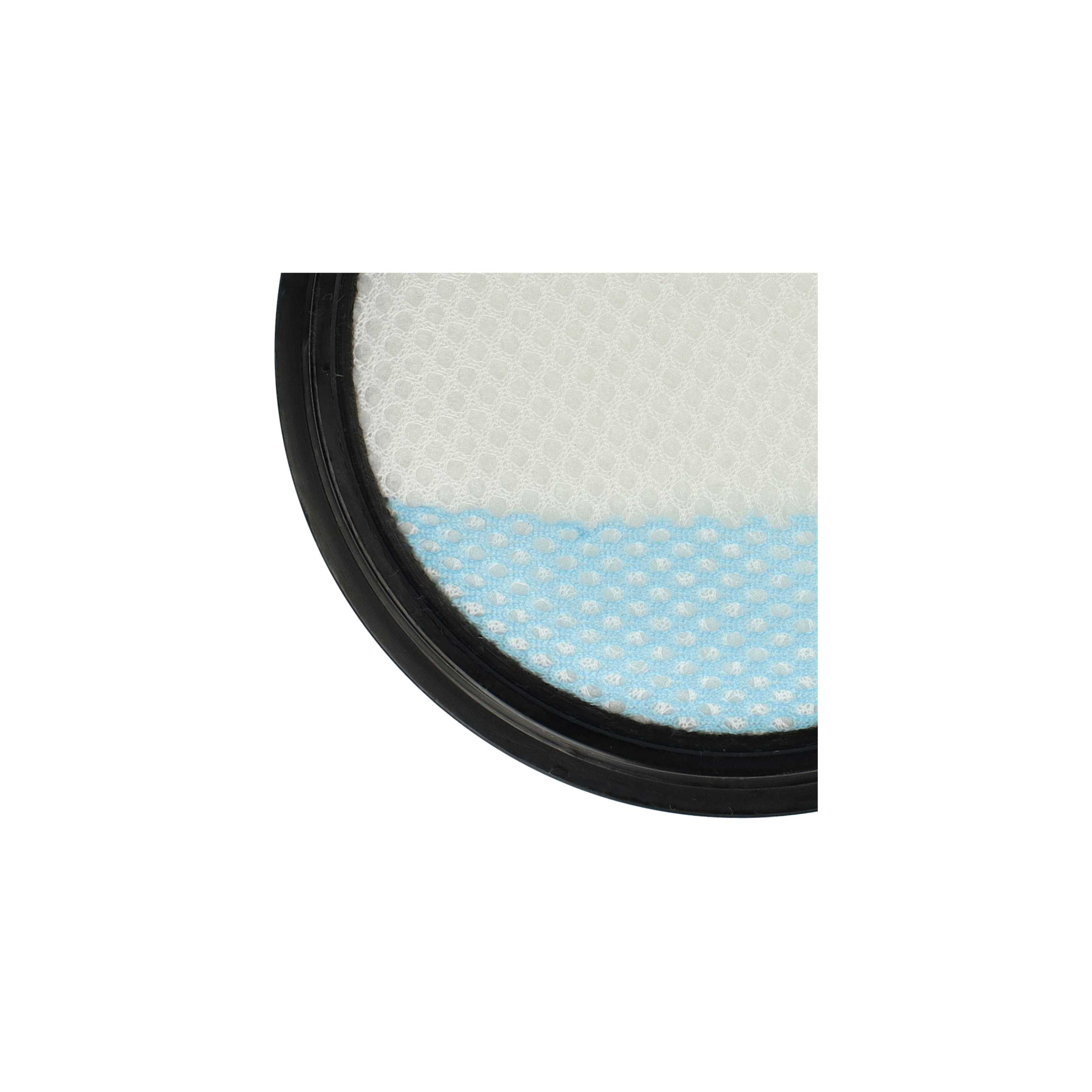 Ein kreisförmiger Luftfilter mit schwarzem Rahmen. Der Filter hat ein weißes Netzoberteil und ein blaues Netzunterteil.