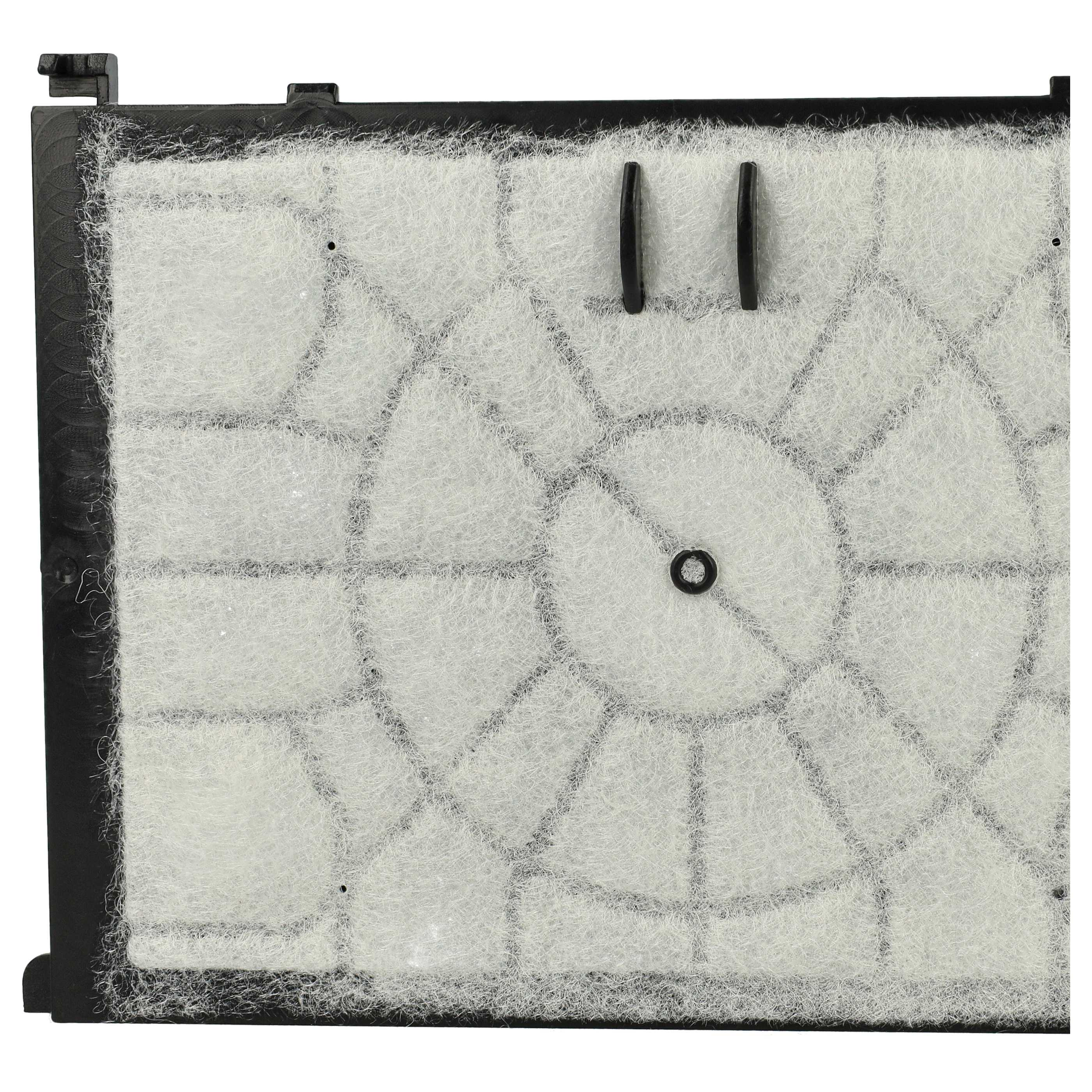 Ein rechteckiger Luftfilter. Er hat einen schwarzen Rahmen und ein weißes Filtermaterial mit geometrischem Design.