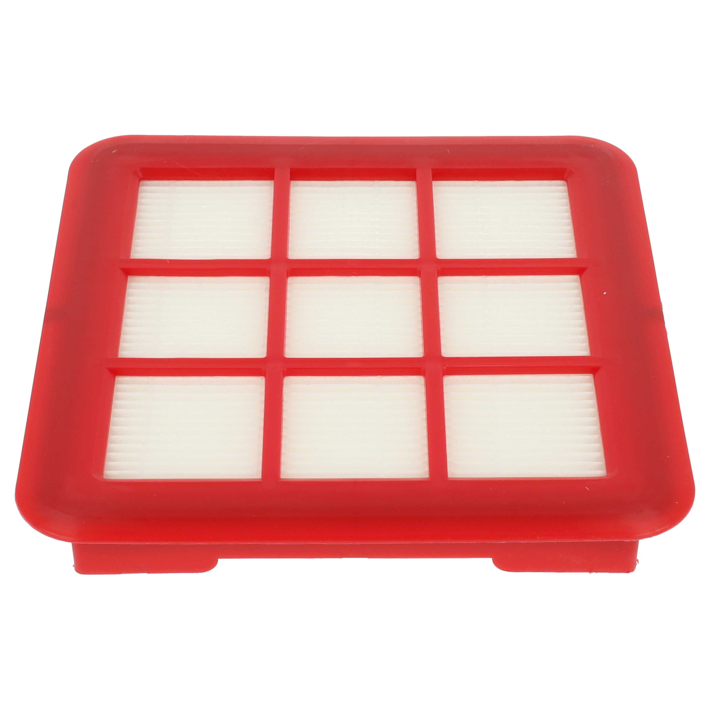 Ein roter Staubsaugerfilter mit Gittermuster. Der Filter hat einen roten Rahmen und weißes, rechteckiges Filtermaterial.
