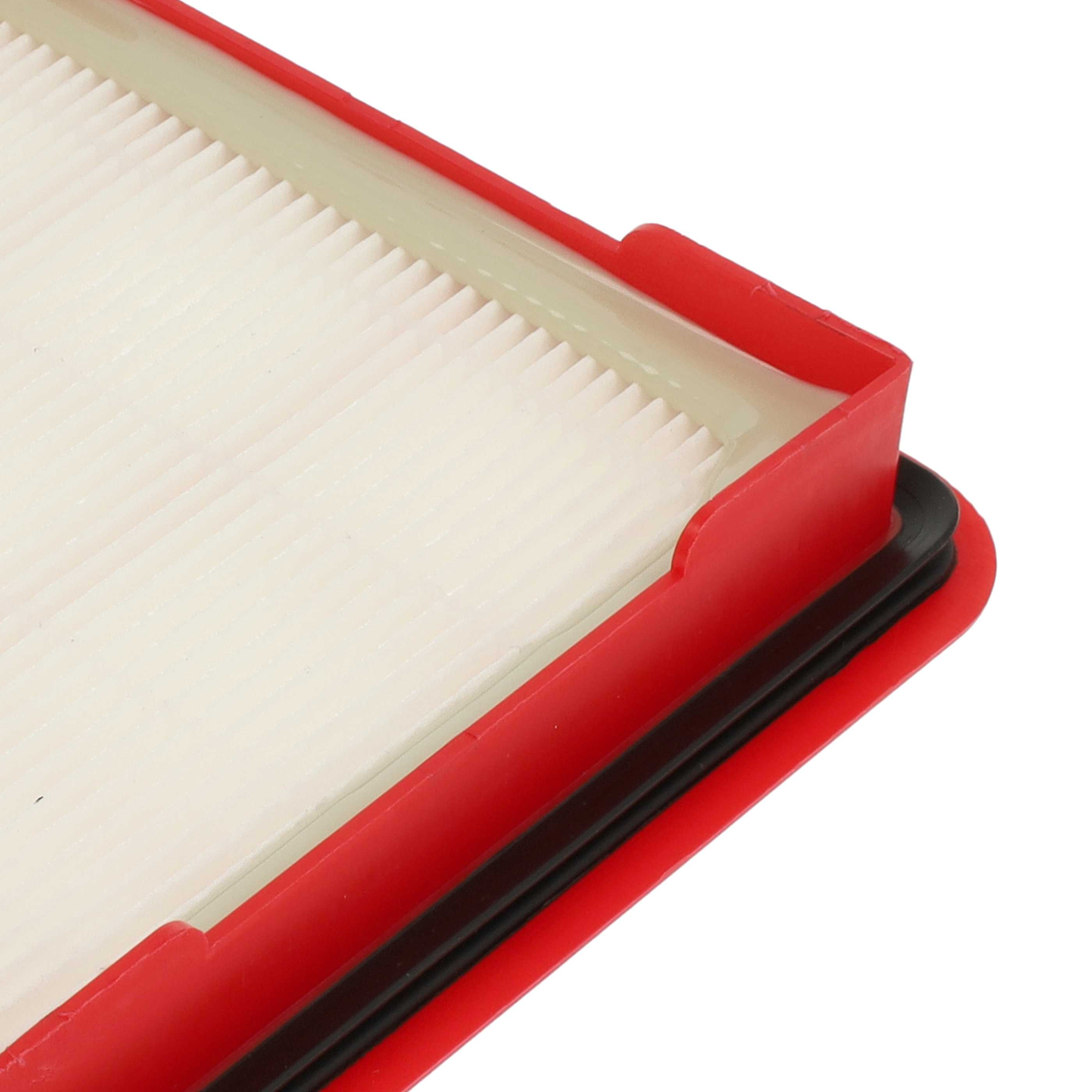 Nahaufnahme eines Luftfilters mit weißem, plissiertem Filterpapier und rotem Rahmen, schwarze Dichtung auf weißem Hintergrund.