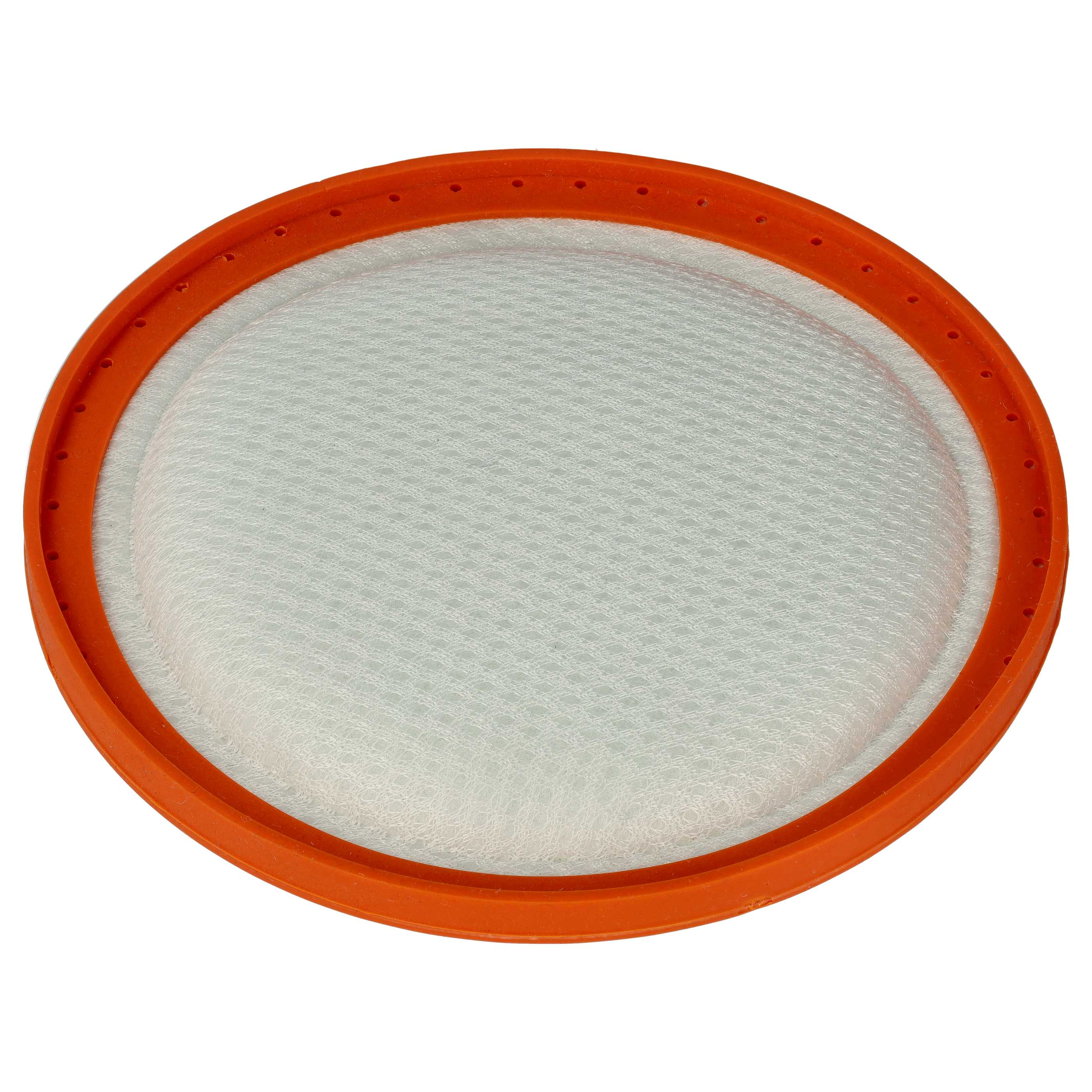 Ein orangefarbener kreisförmiger Filter mit einem weißen Netzmittelpunkt. Der Filter hat gleichmäßig verteilte Löcher.
