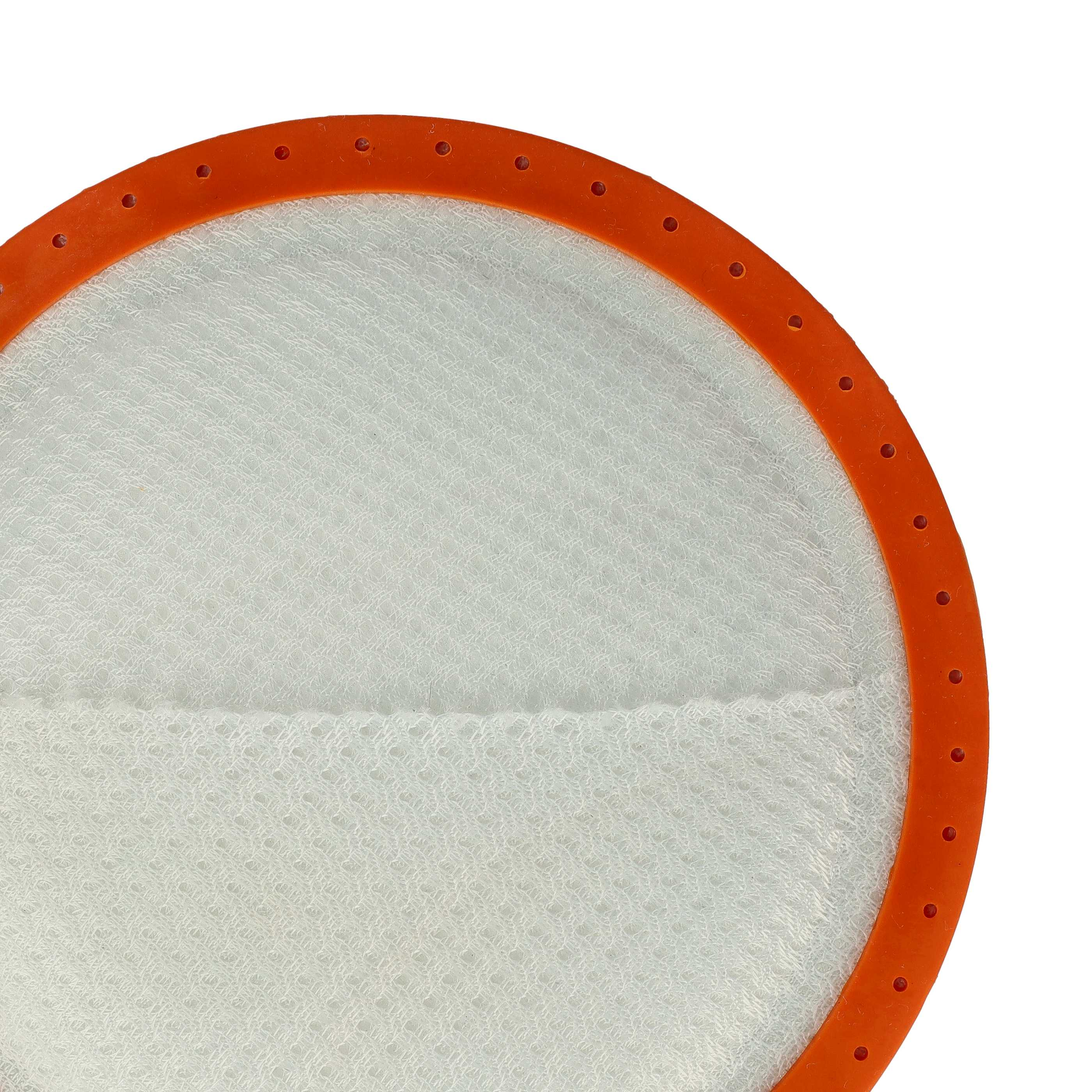 Ein weißer, kreisförmiger Filter mit poröser Textur wird von einem orangefarbenen Ring mit kleinen Löchern umrandet.