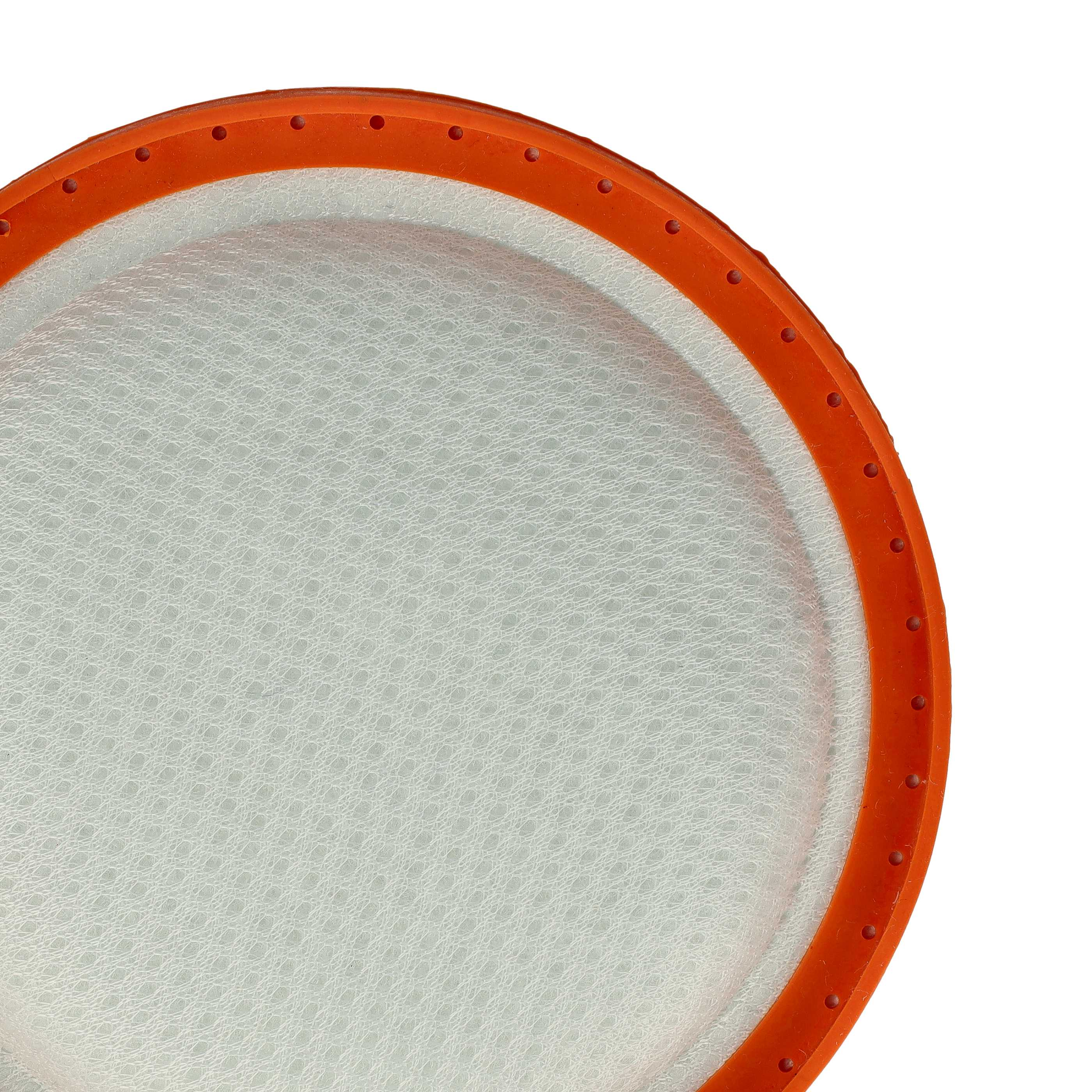 Nahaufnahme eines kreisförmigen Objekts. Es hat einen orangen Rand mit kleinen Löchern. Im Inneren befindet sich ein weißes, strukturiertes Netz.