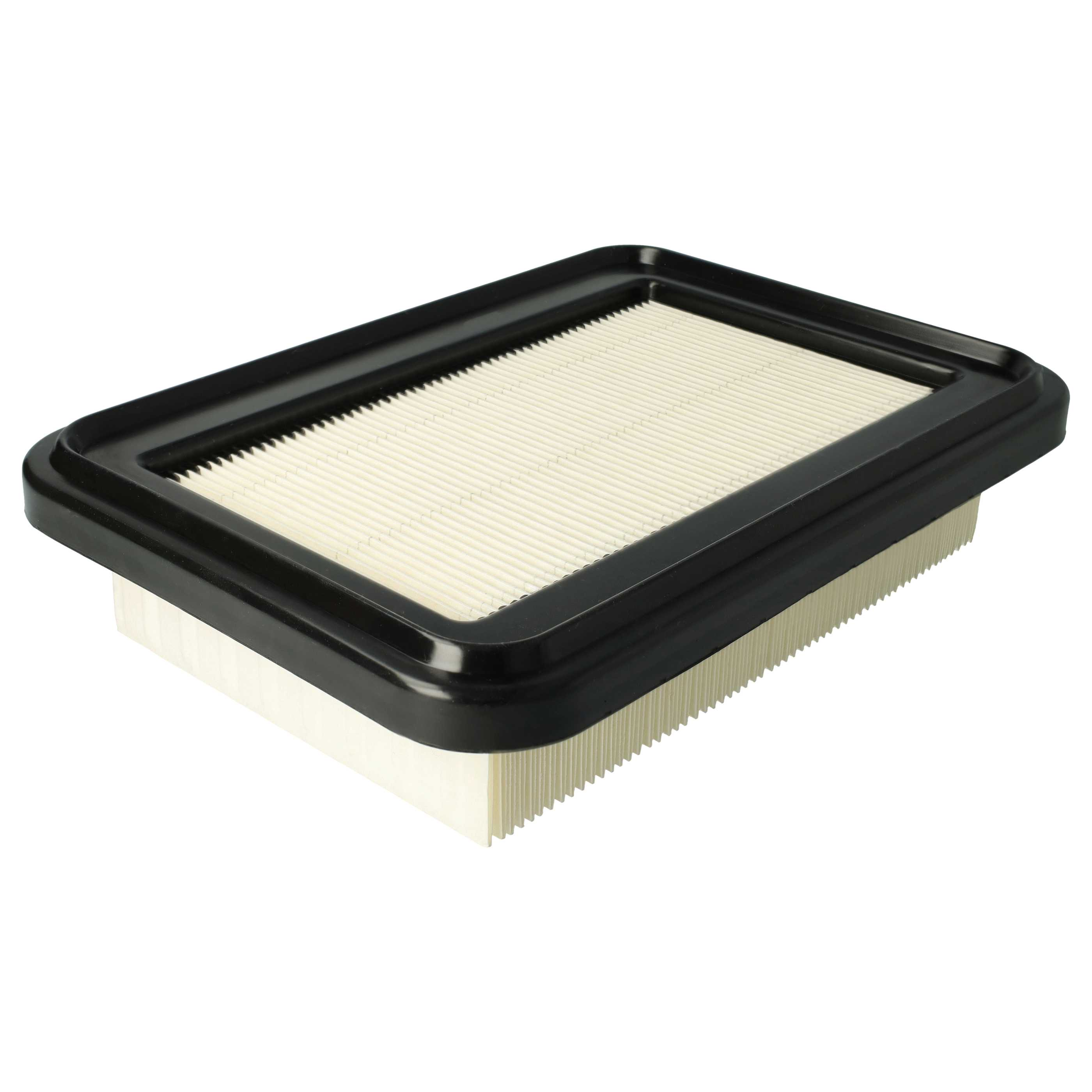Ein Luftfilter mit schwarzem Rahmen und weißem Filtermaterial auf weißem Hintergrund.