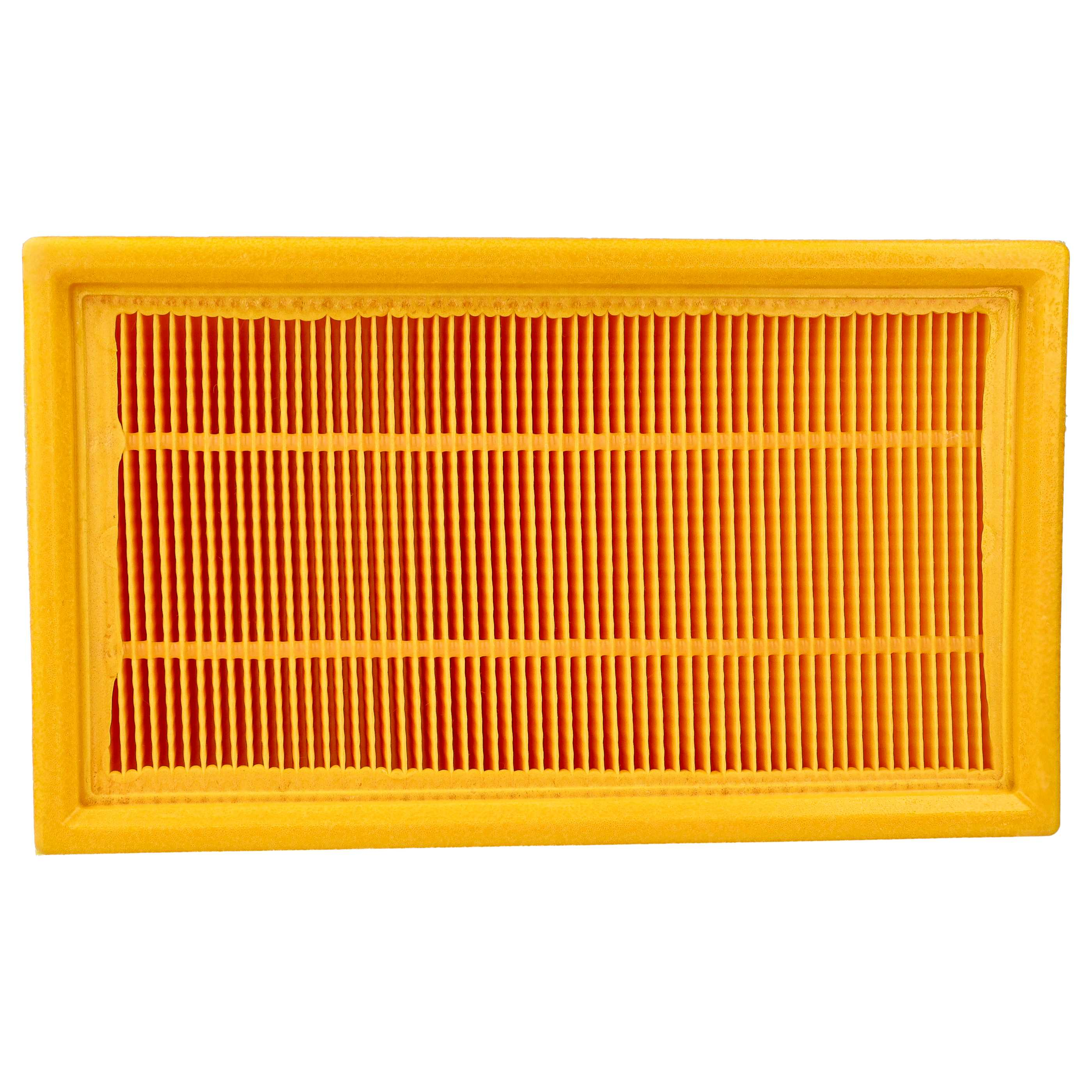 Ein rechteckiger gelber Luftfilter mit vertikalen orangefarbenen Filterelementen.
