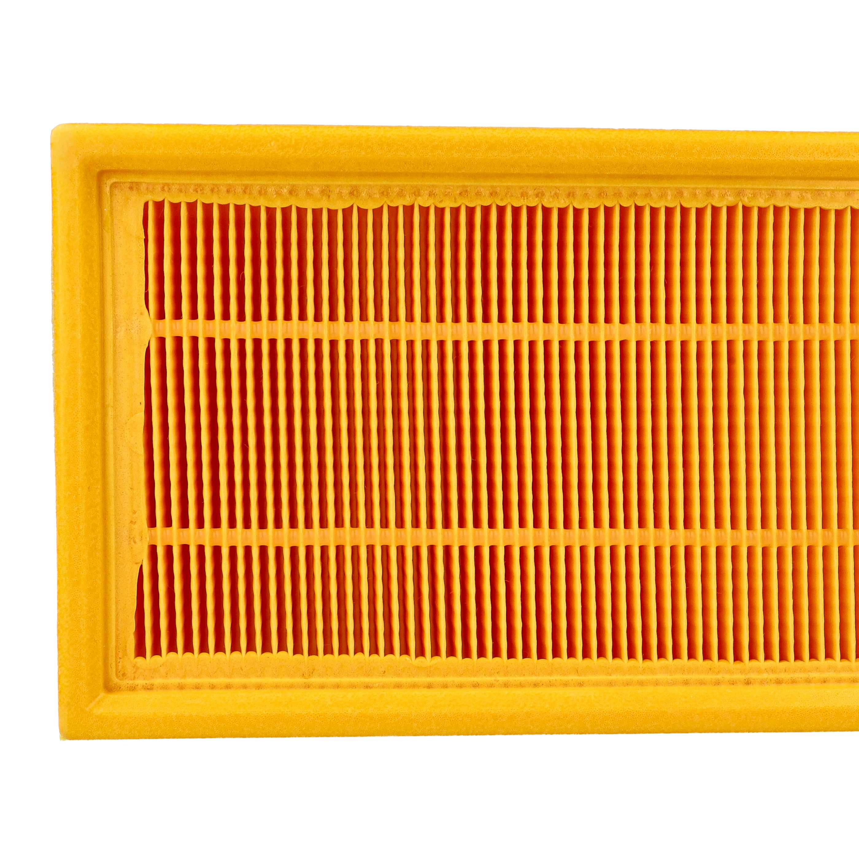 Nahaufnahme eines Luftfilters. Er ist rechteckig mit gelbem Rahmen und orangefarbenem Filter.