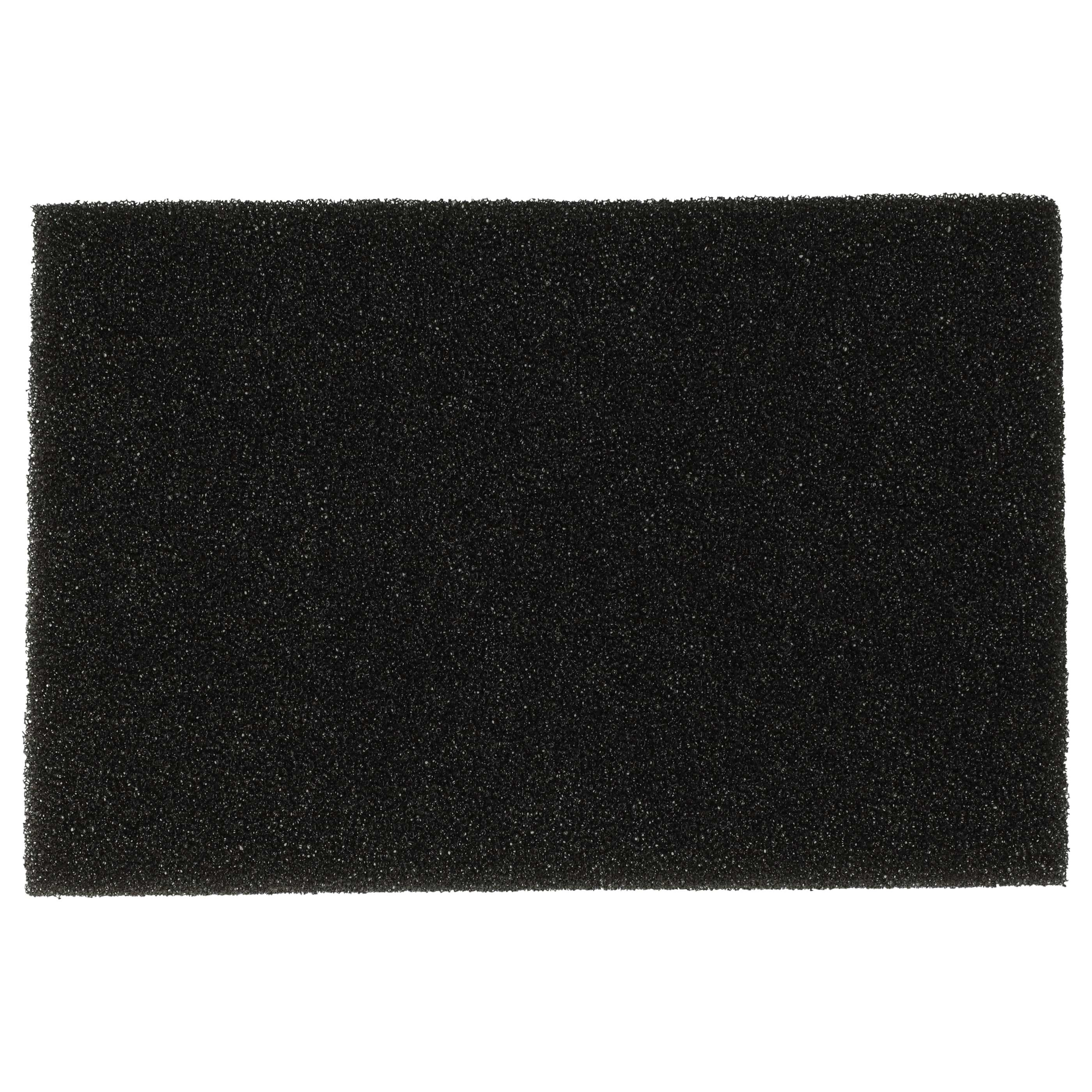 Ein rechteckiger schwarzer Schaumstofffilter auf weißem Grund. Der Schaumstoff hat eine poröse Textur.