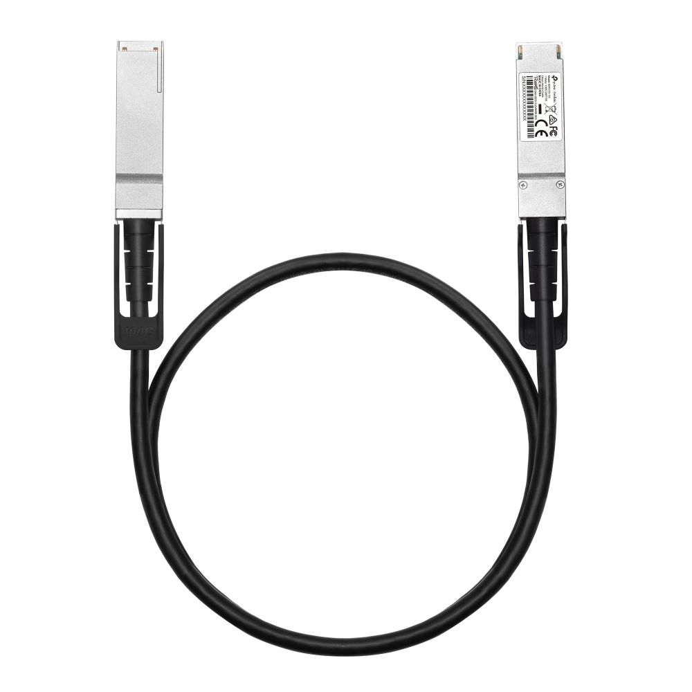 Un cable negro con conectores plateados en ambos extremos, formando un bucle. Los conectores tienen etiquetas y cierres negros.