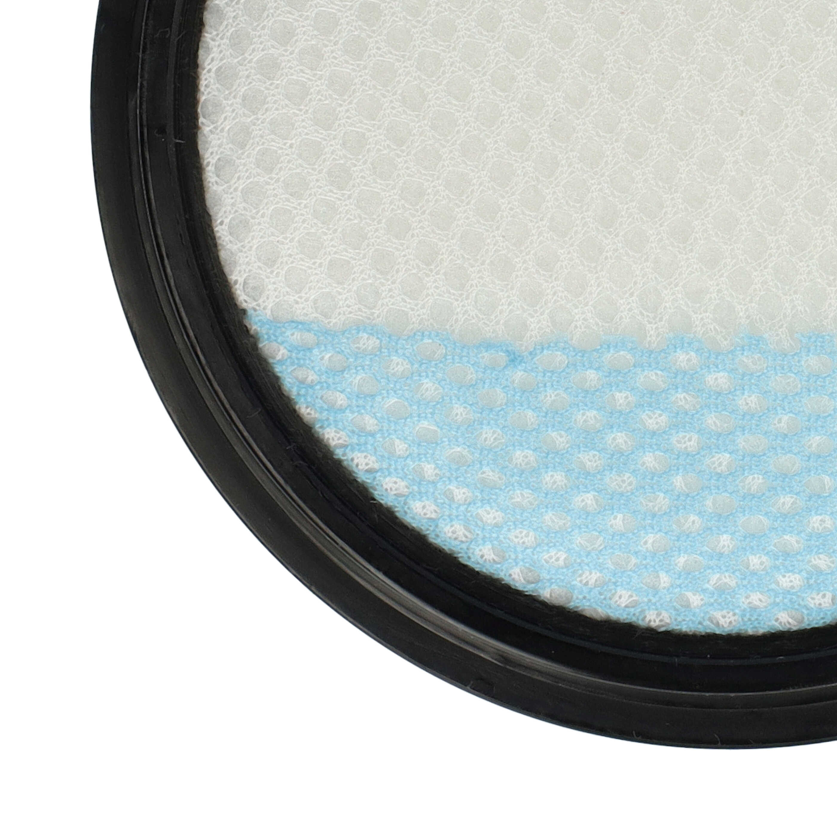 Nahaufnahme eines runden Filters mit schwarzem Rahmen. Weißes, strukturiertes Material oben, das unten in Blau übergeht.