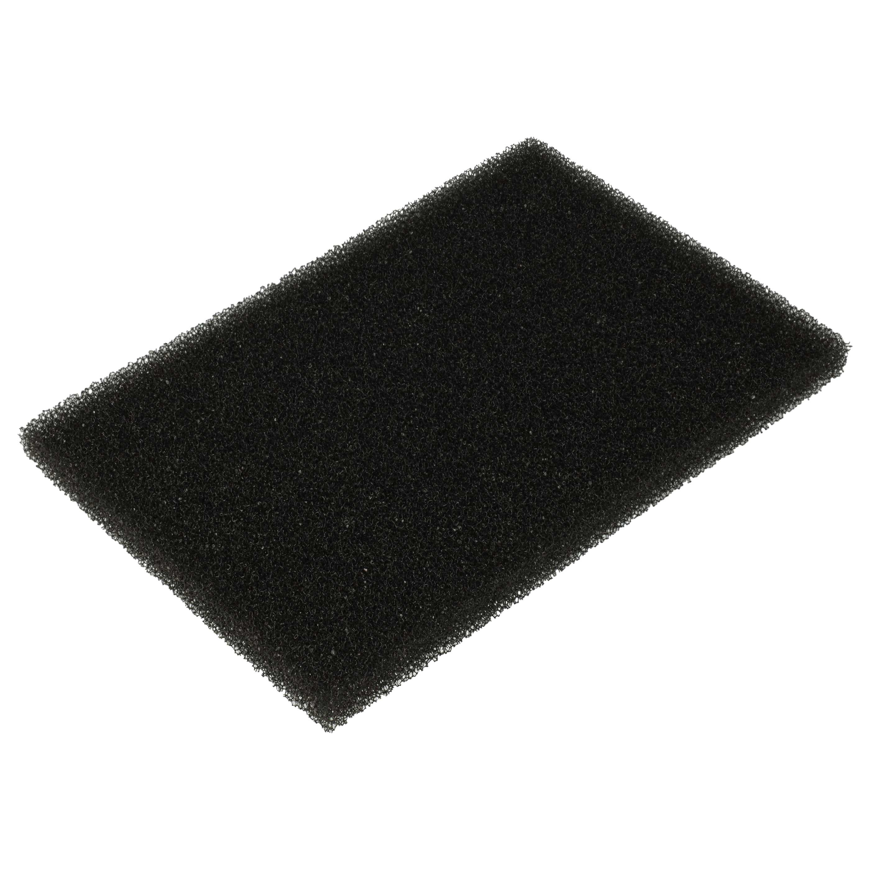 Ein rechteckiger schwarzer Schaumstofffilter auf weißem Hintergrund. Der Schaumstoff hat eine poröse Textur.