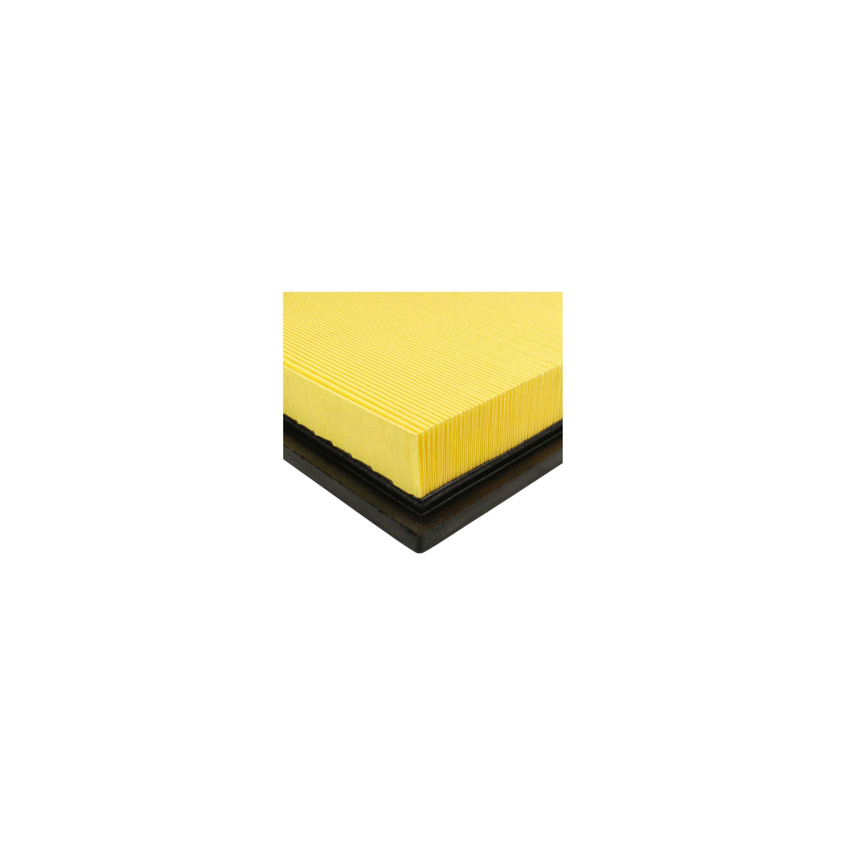 Ein gelber Luftfilter mit schwarzem Rahmen vor weißem Hintergrund. Die Kanten des Filters sind sichtbar.