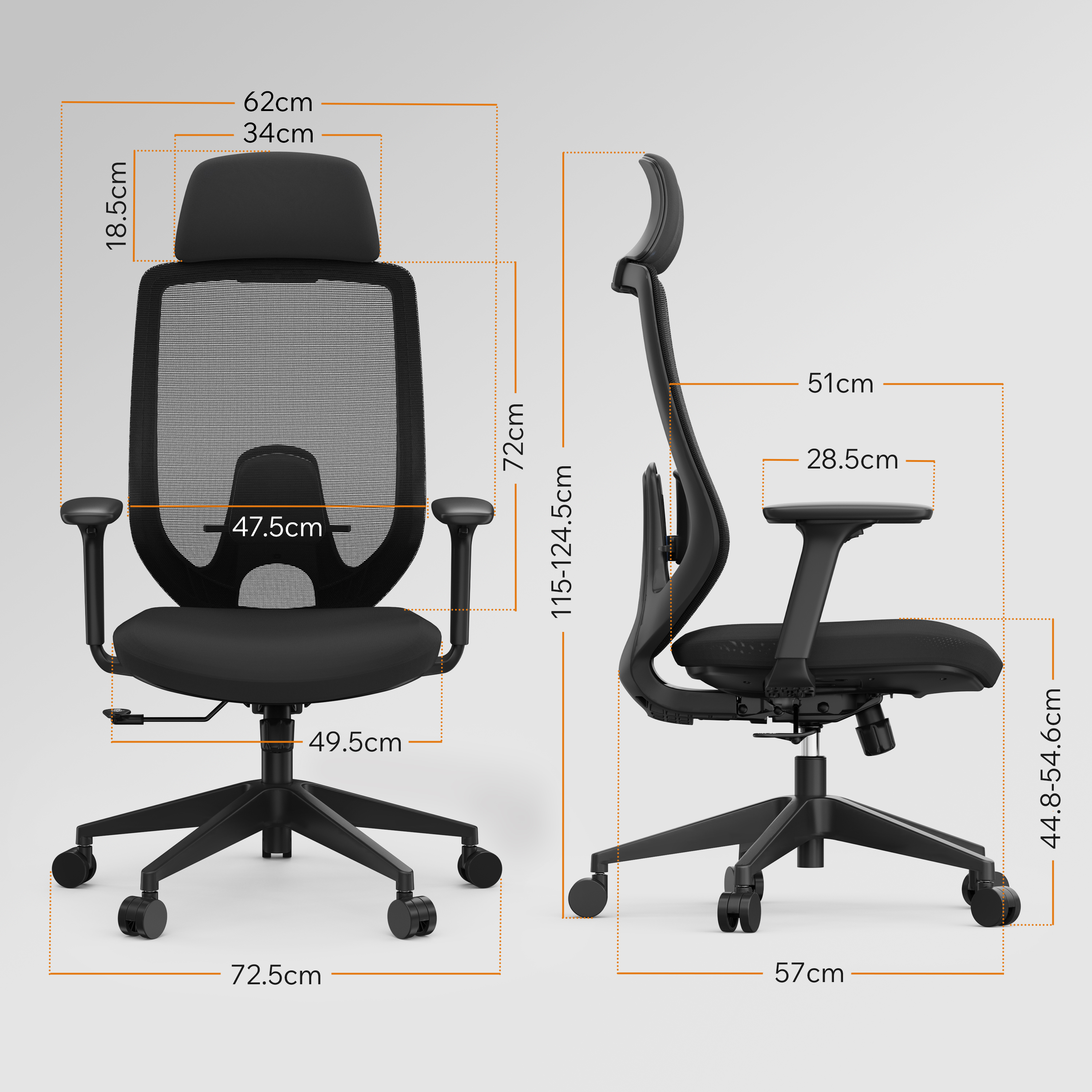 Schwarzer ergonomischer Bürostuhl mit Maßangaben. Rückenlehne aus Mesh, Armlehnen und ein Fünf-Sterne-Fuß mit Rollen.