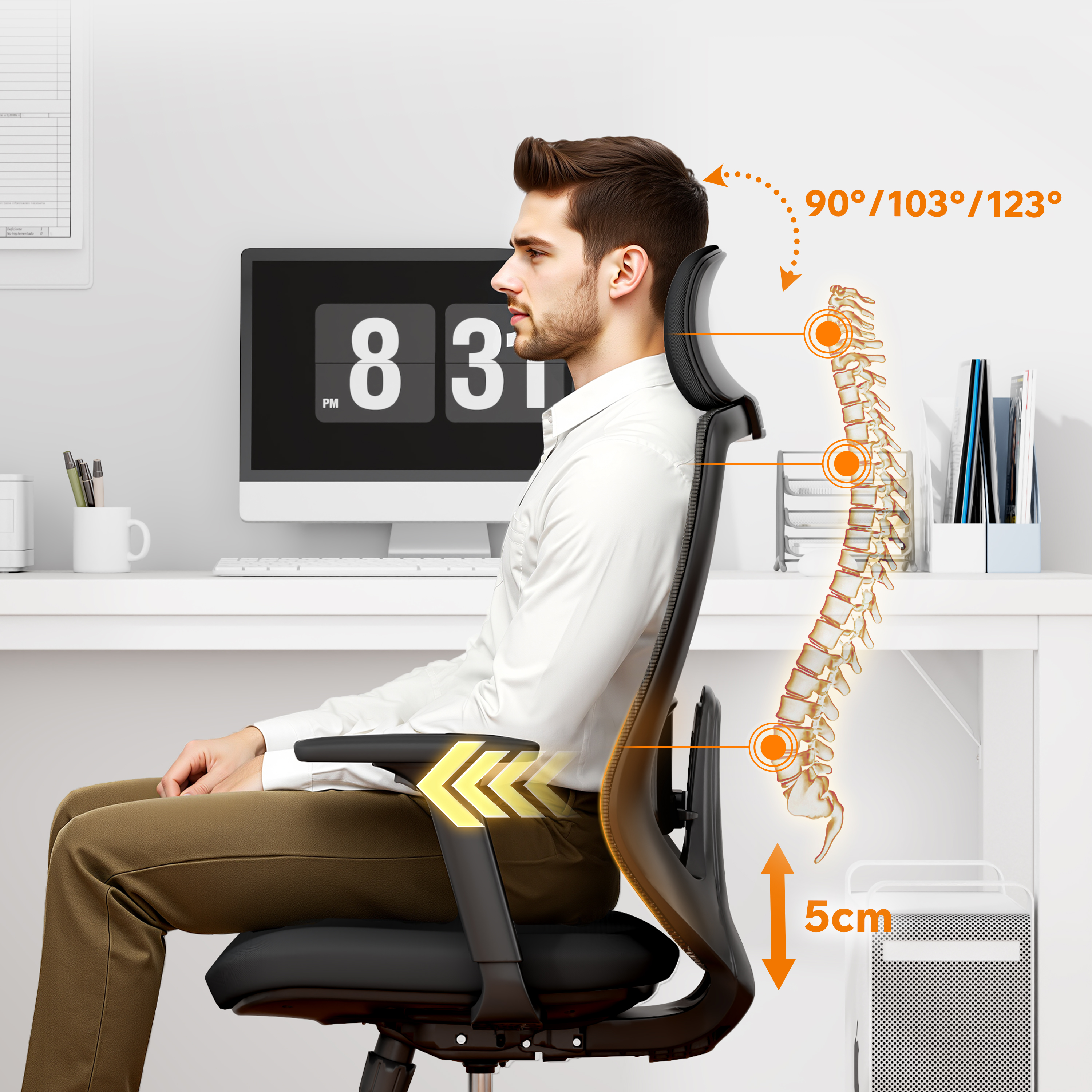 Mann in Bürostuhl, Wirbelsäulenausrichtung zeigend. Diagramme zeigen Winkel und Maße. Schreibtisch mit Computer und Zubehör im Hintergrund.