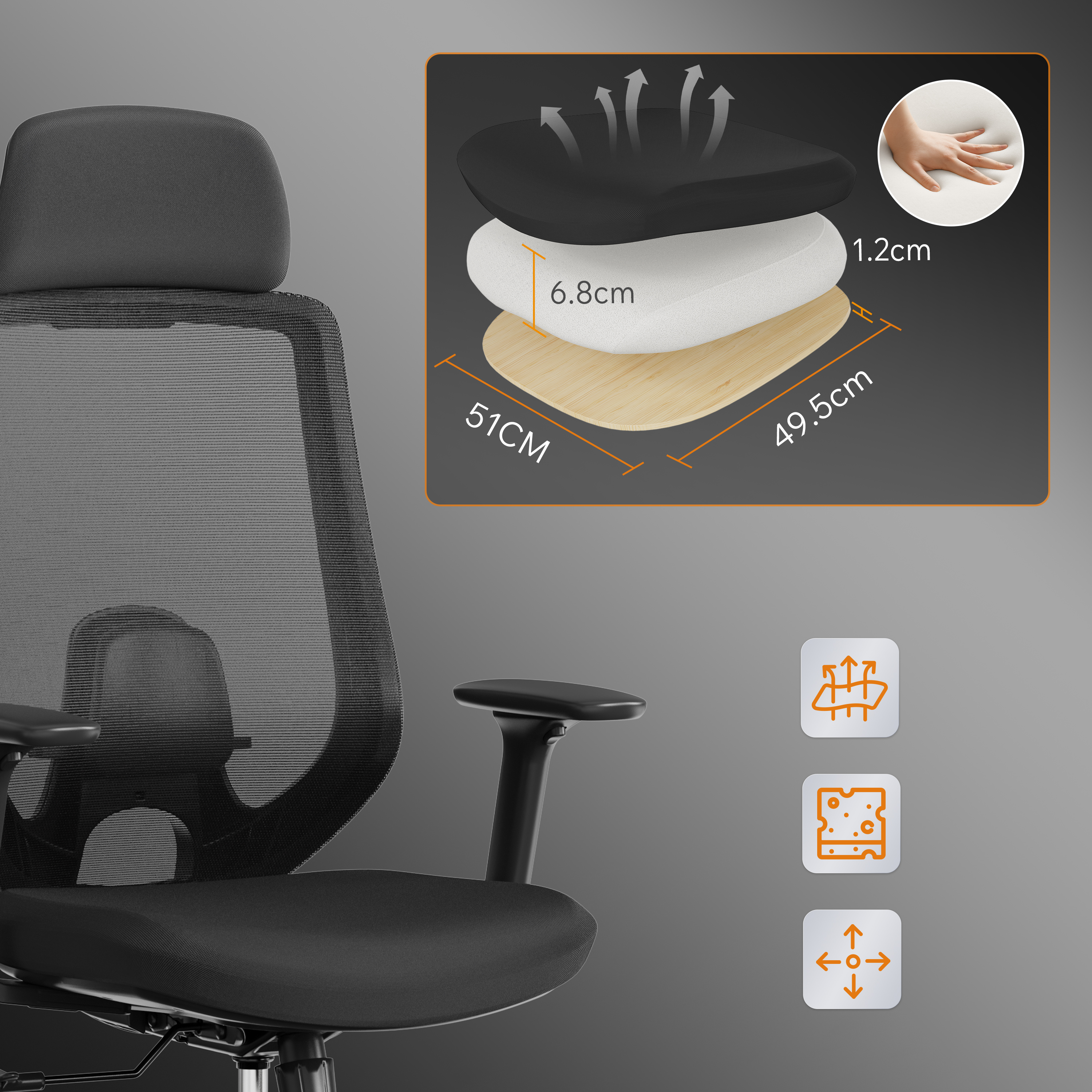 Schwarzer ergonomischer Bürostuhl. Zeigt Materialschichtung und Abmessungen. Merkmale sind Netzrücken, Armlehnen und verstellbare Funktionen.