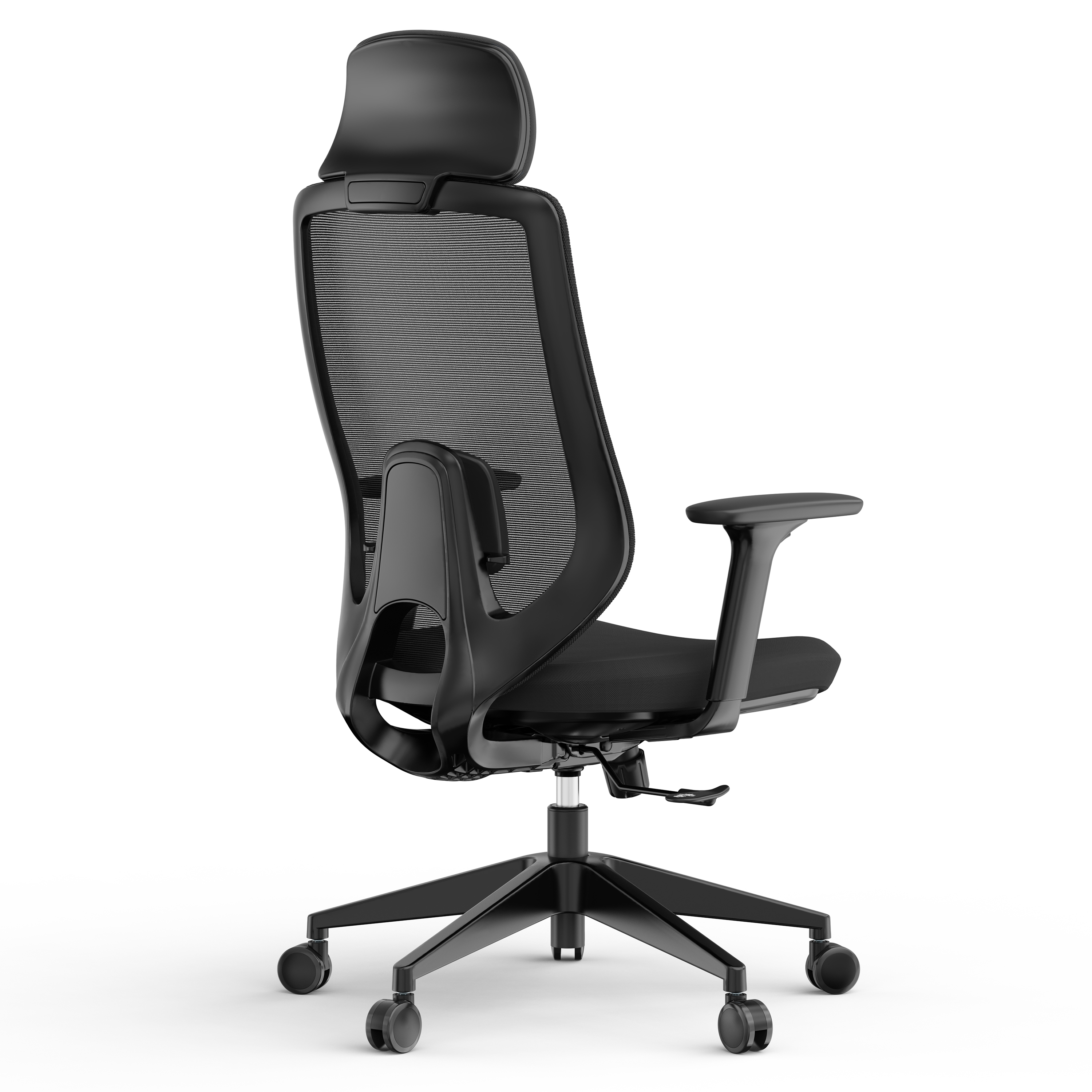 Schwarzer ergonomischer Bürostuhl. Netzrücken und Kopfstütze. Armlehnen und Fünf-Rollen-Basis. Isoliert auf weißem Hintergrund.